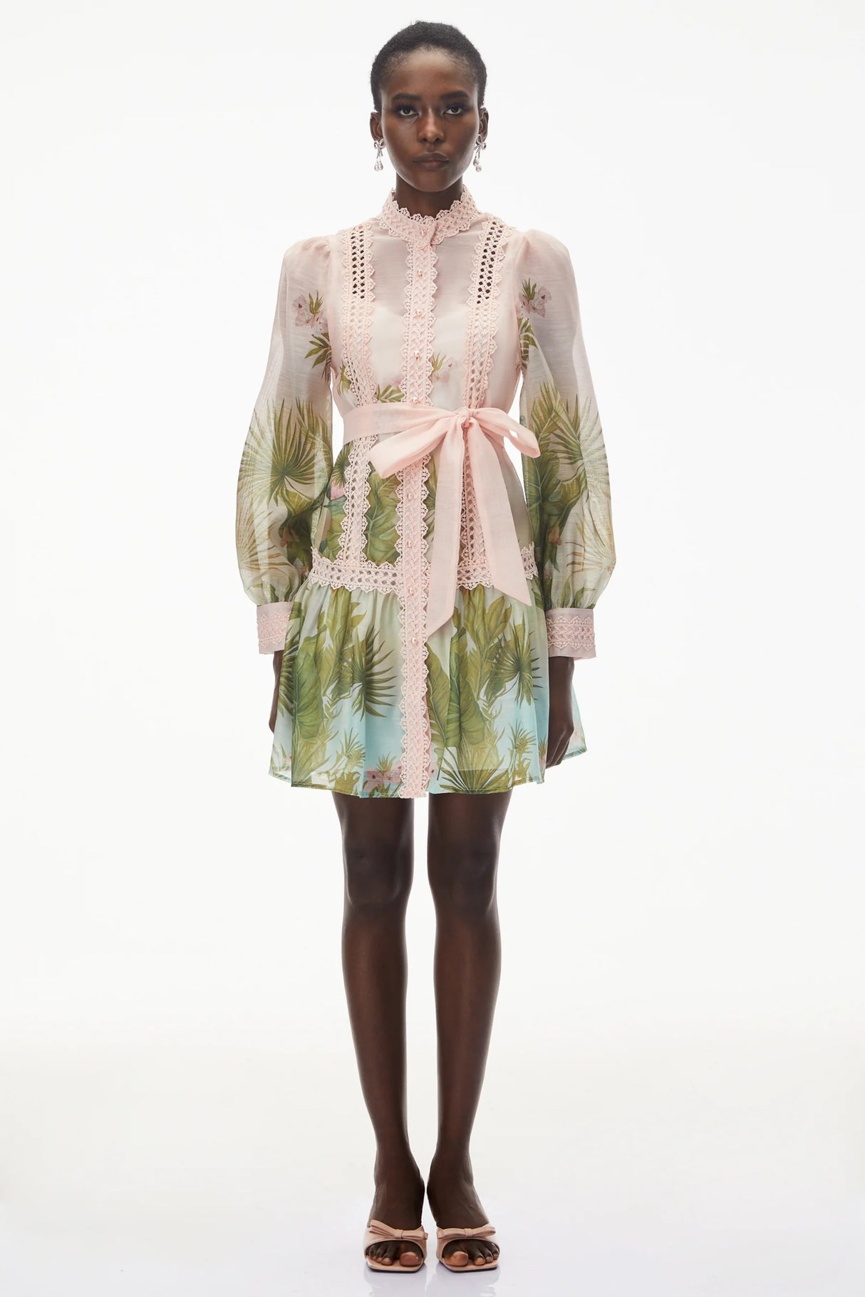 Antigone Pink Mini Dress with Lace Panels and Tie