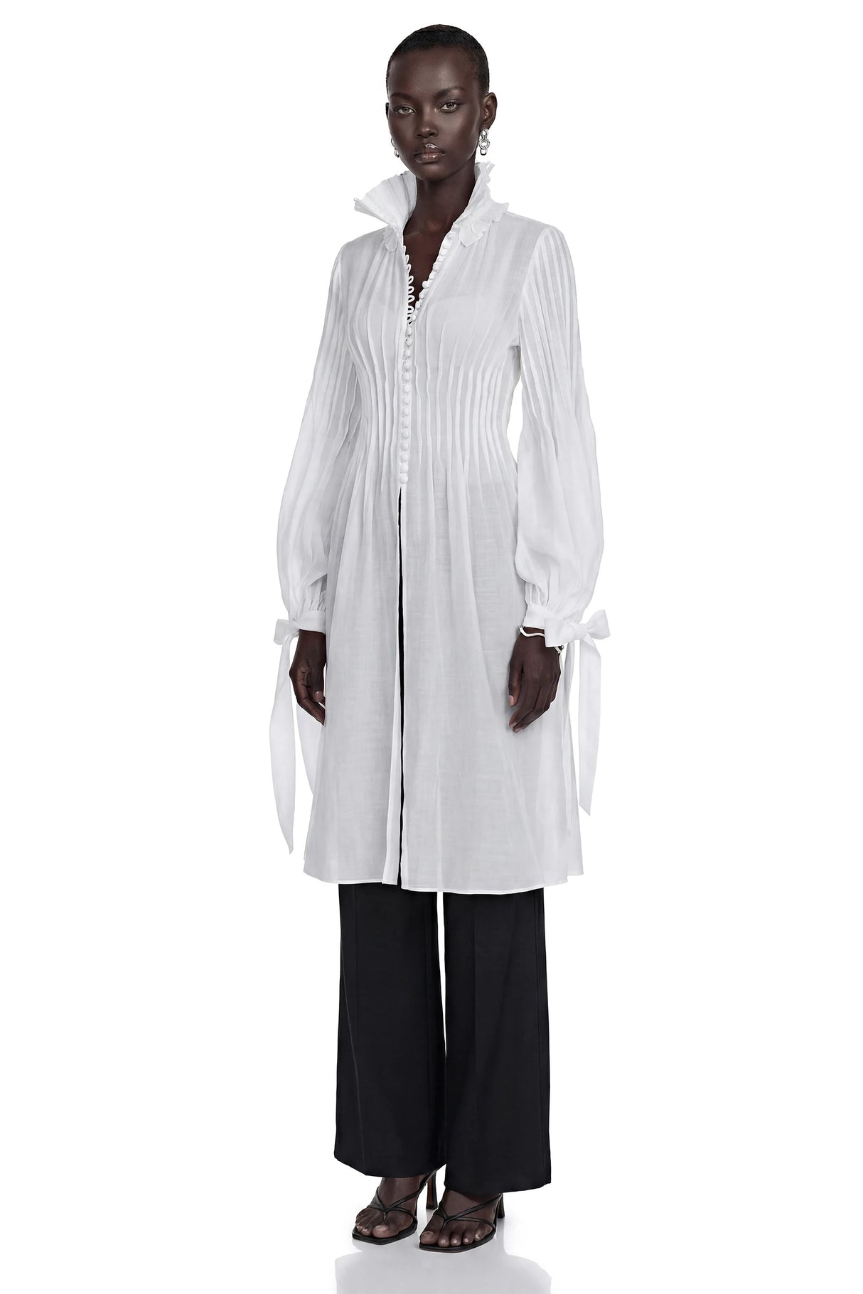 Antonella White Puff Sleeve Midi Dress with Ruffled Neckline