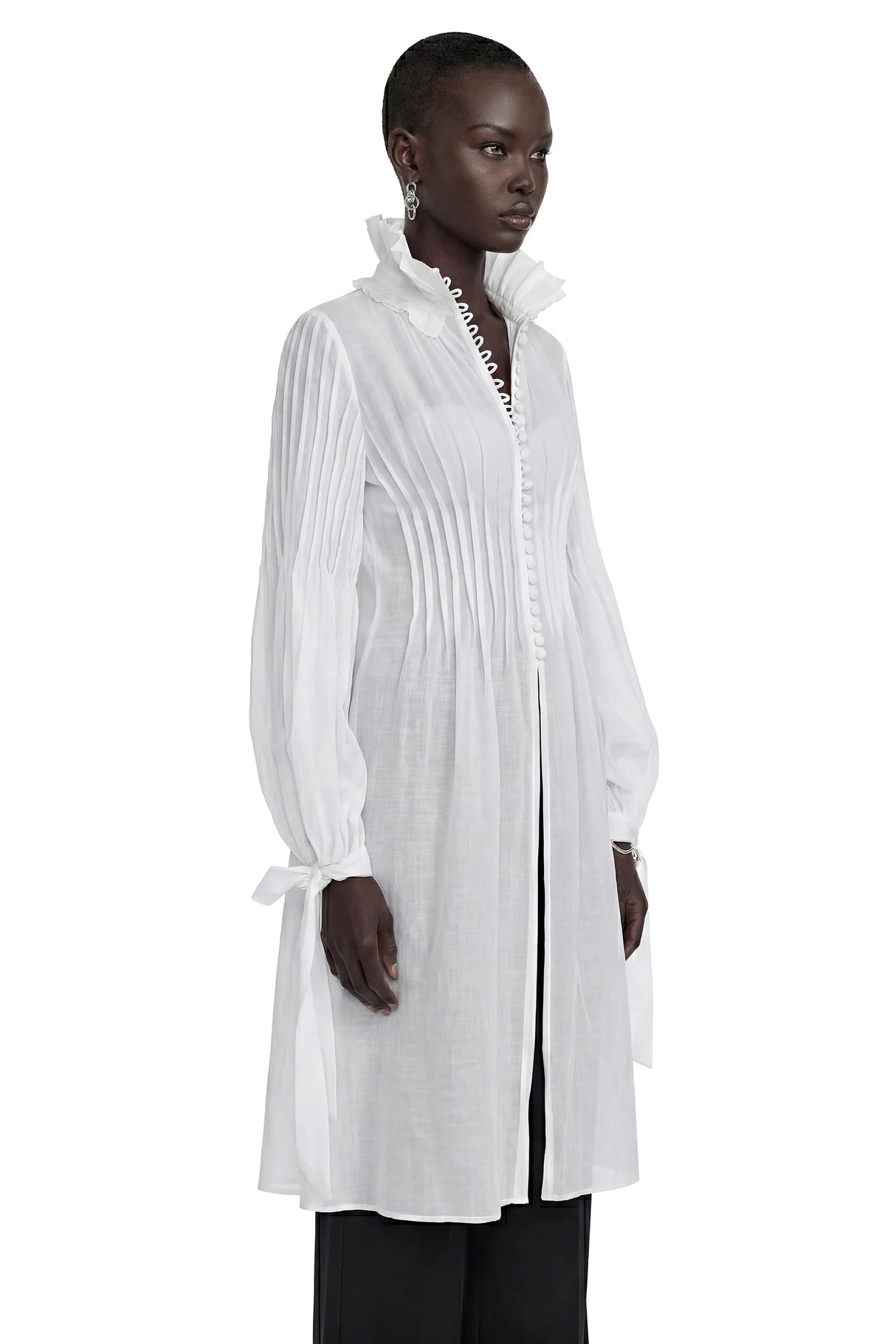 Antonella White Puff Sleeve Midi Dress with Ruffled Neckline
