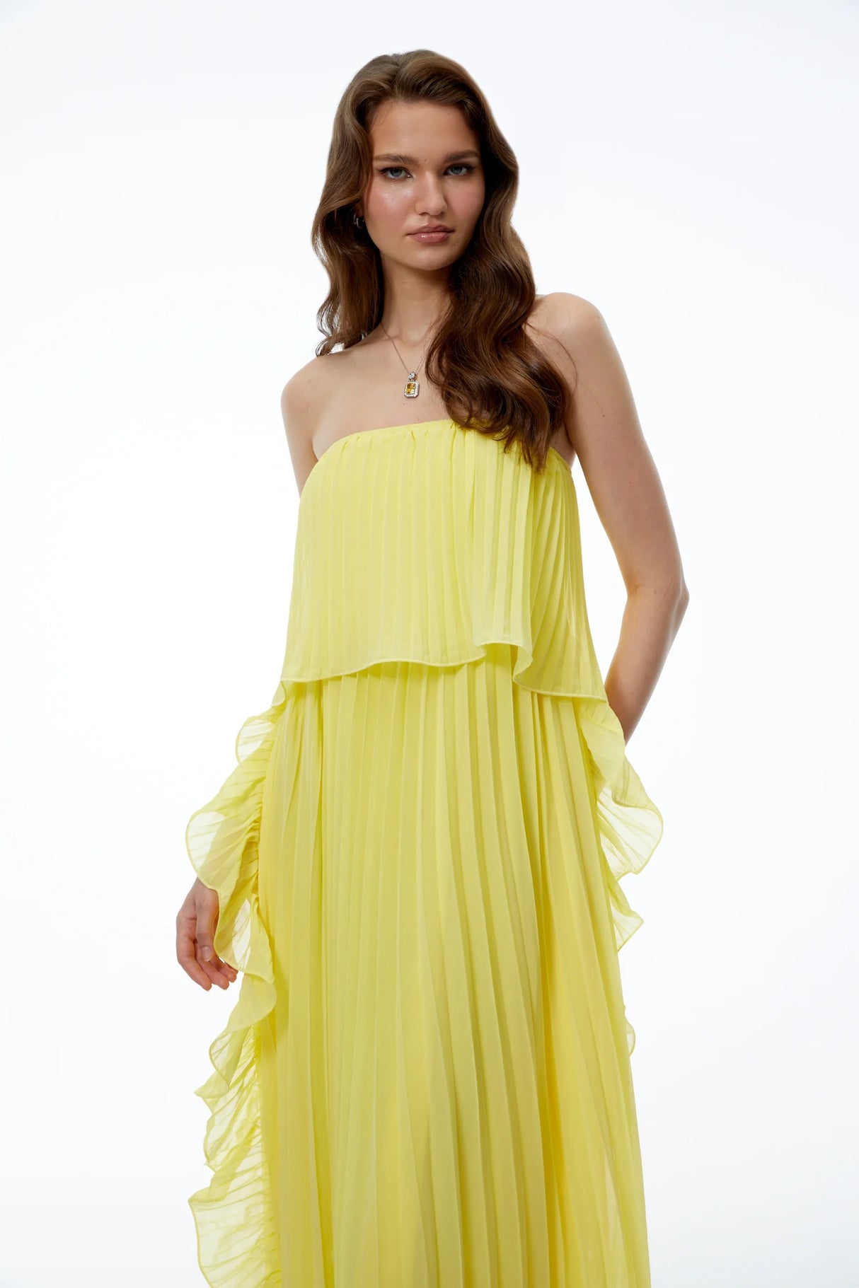 Aoi Yellow Off Shoulder Ruffled Pleated Maxi Dress