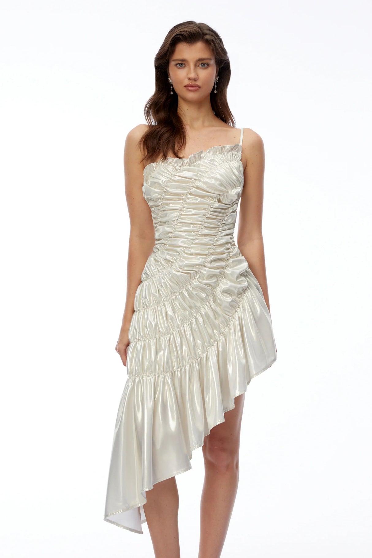 Aoife White Asymmetrical Ruched Mini Dress
