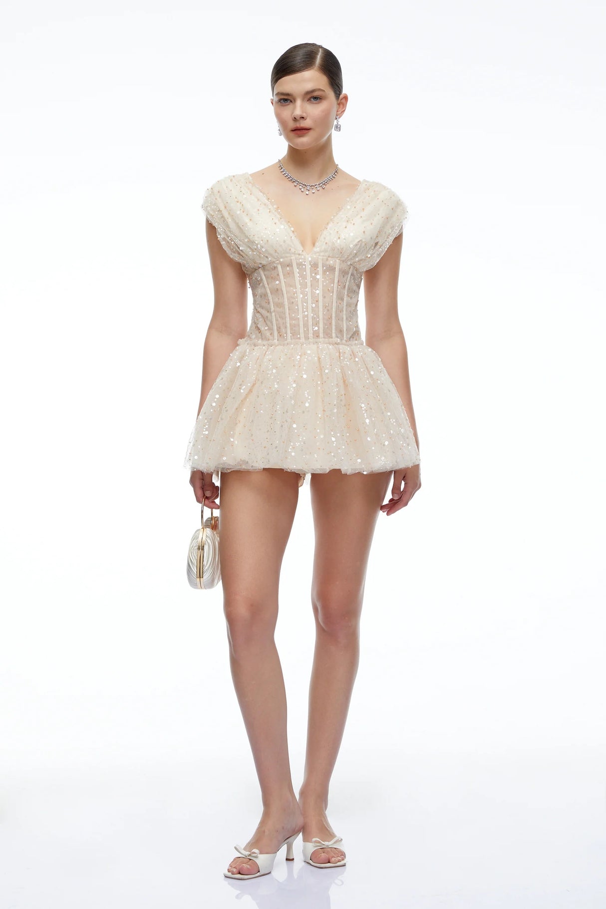 Arabella Neutral Sequin Mini Dress with Flutter Sleeves