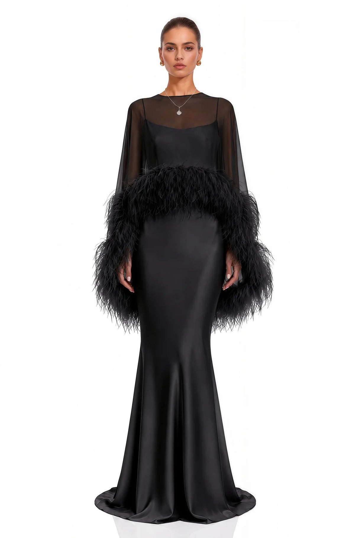 Araminta Black Maxi Dress Shawl Set with Feather Trim