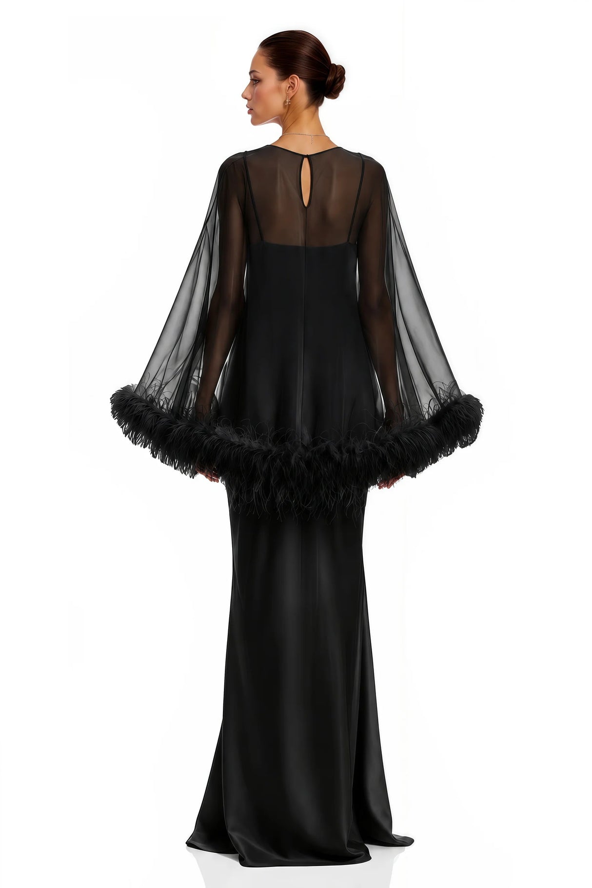 Araminta Black Maxi Dress Shawl Set with Feather Trim