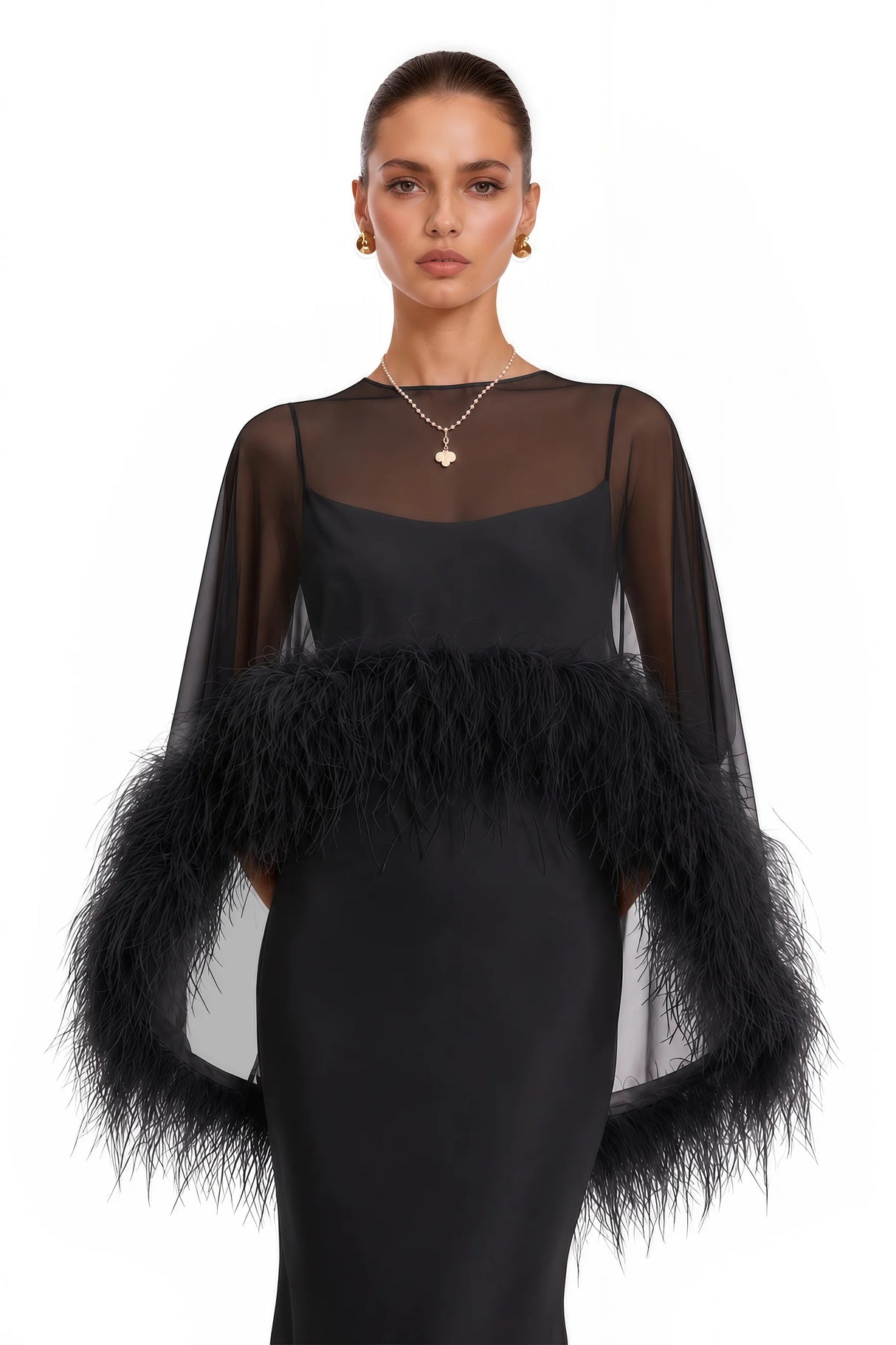Araminta Black Maxi Dress Shawl Set with Feather Trim