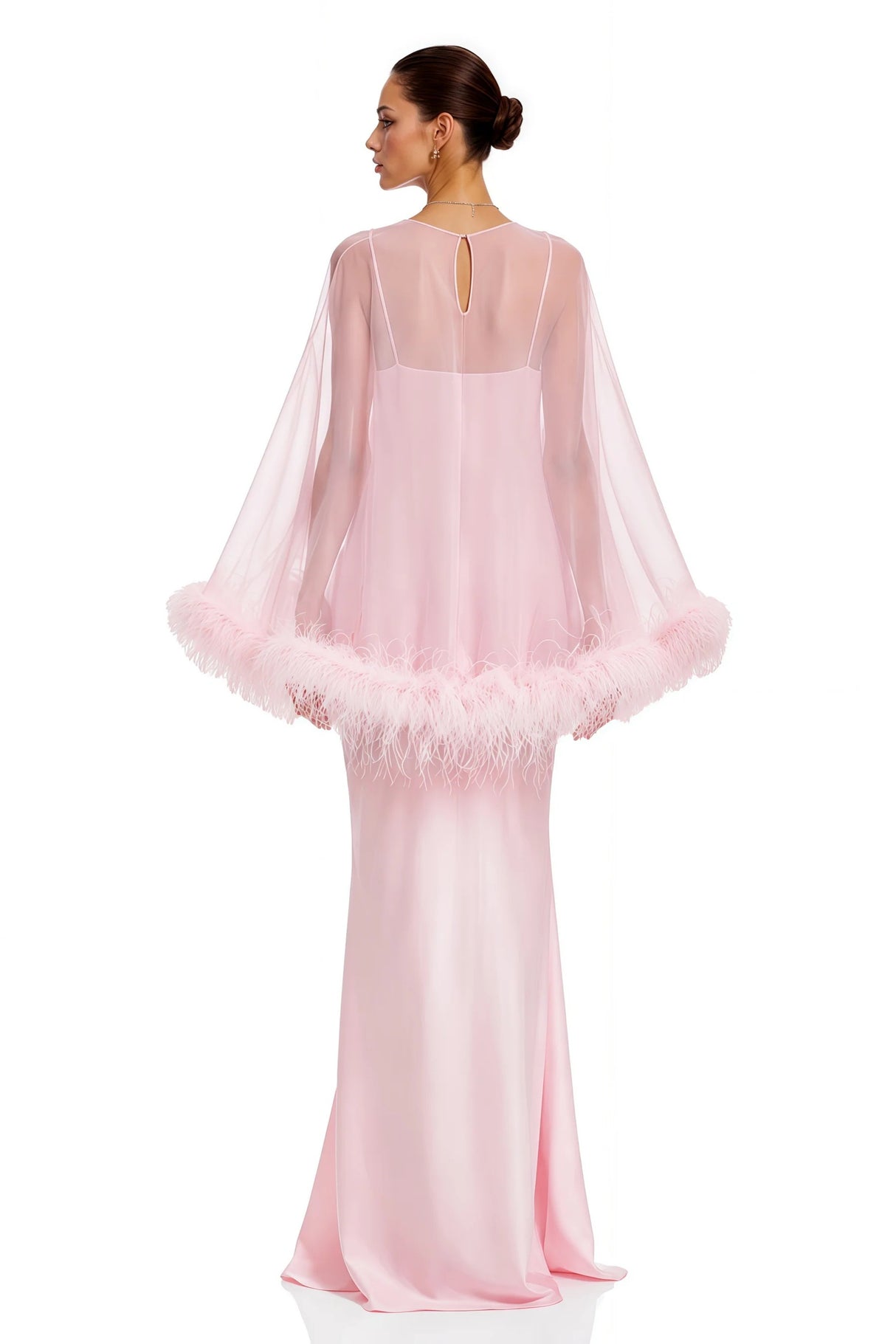 Araminta Pink Maxi Dress Shawl Set with Feather Trim