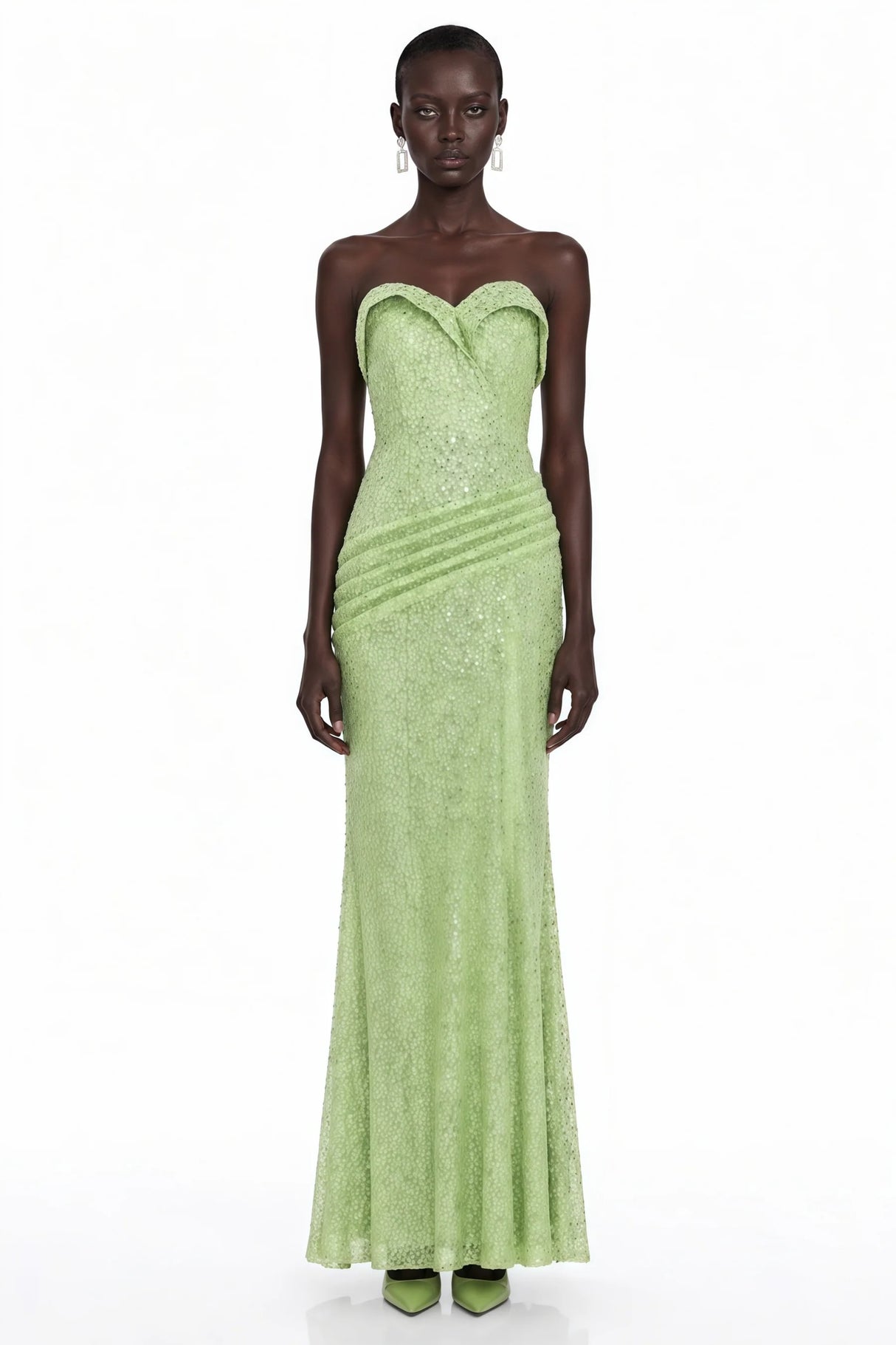Arapuni Green Off Shoulder Rhinestone Maxi Dress