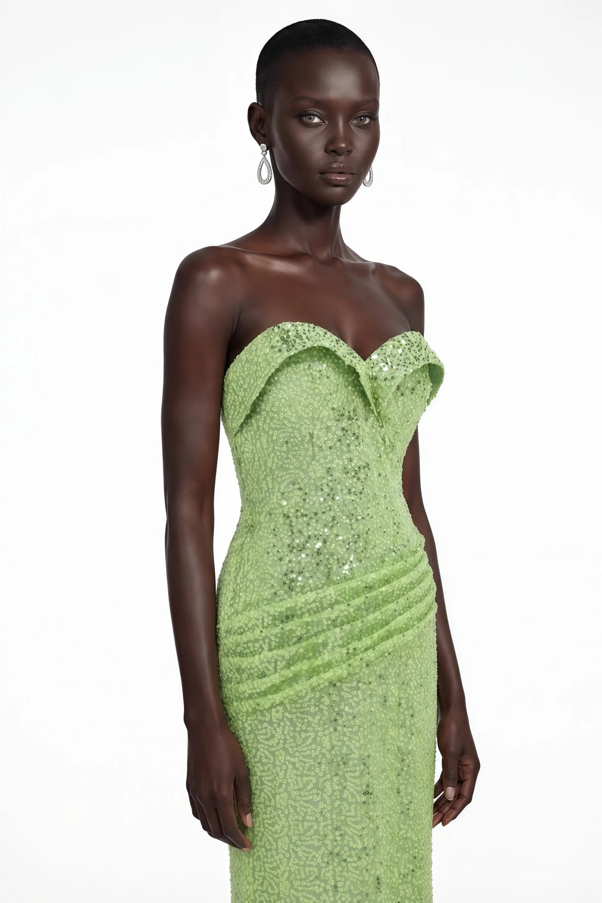 Arapuni Green Off Shoulder Rhinestone Maxi Dress