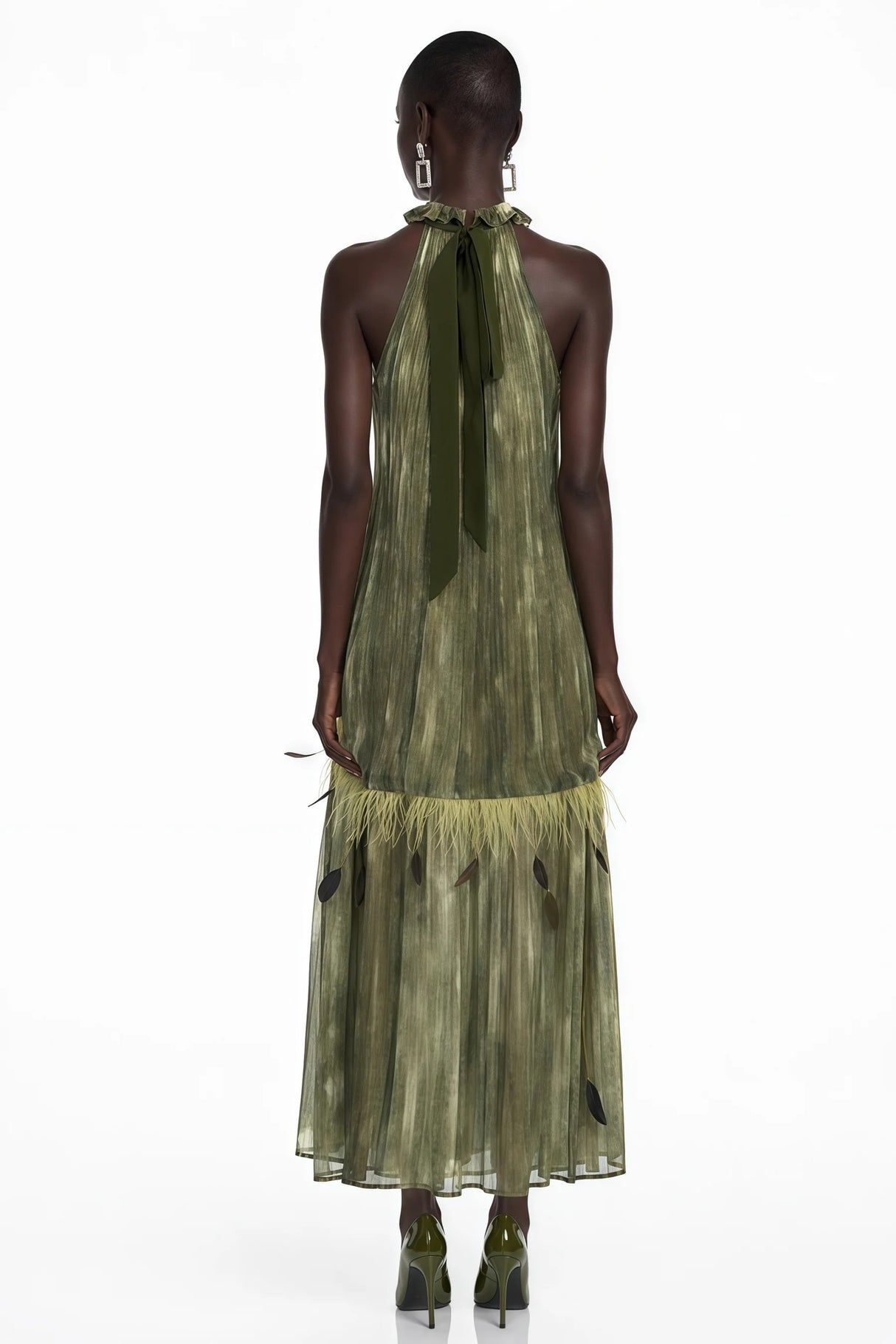 Areta Green Pleated Maxi Dress with Feather Trim