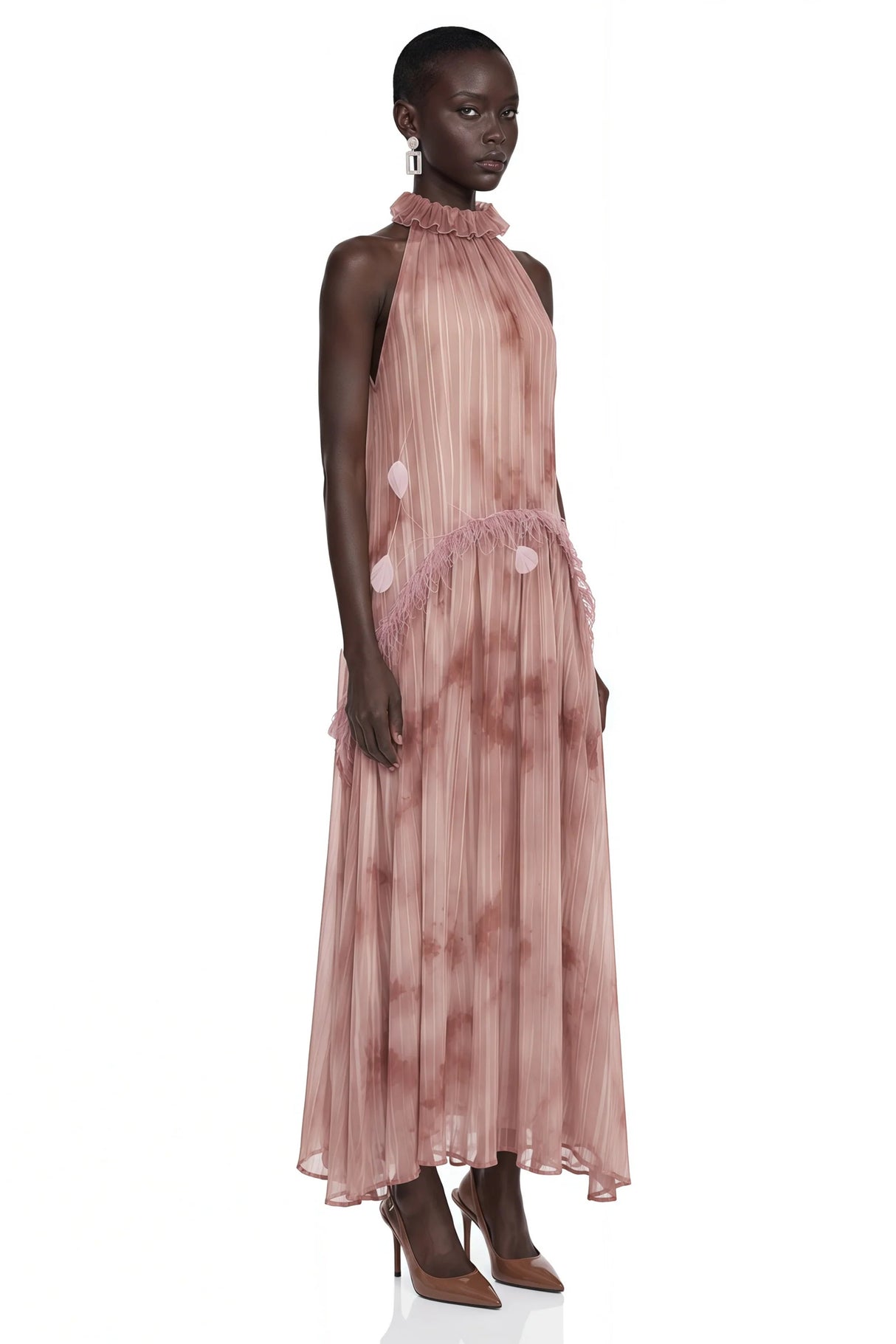 Areta Pink Pleated Maxi Dress with Feather Trim