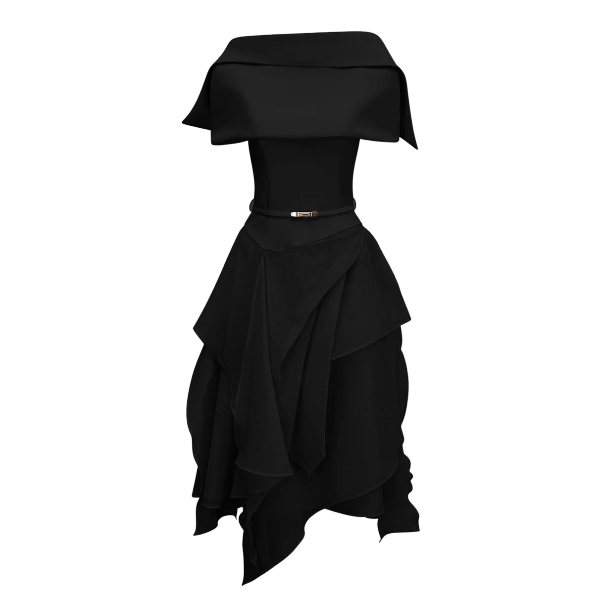 Aria Black Asymmetrical Shawl Tulle Panel Dress Set