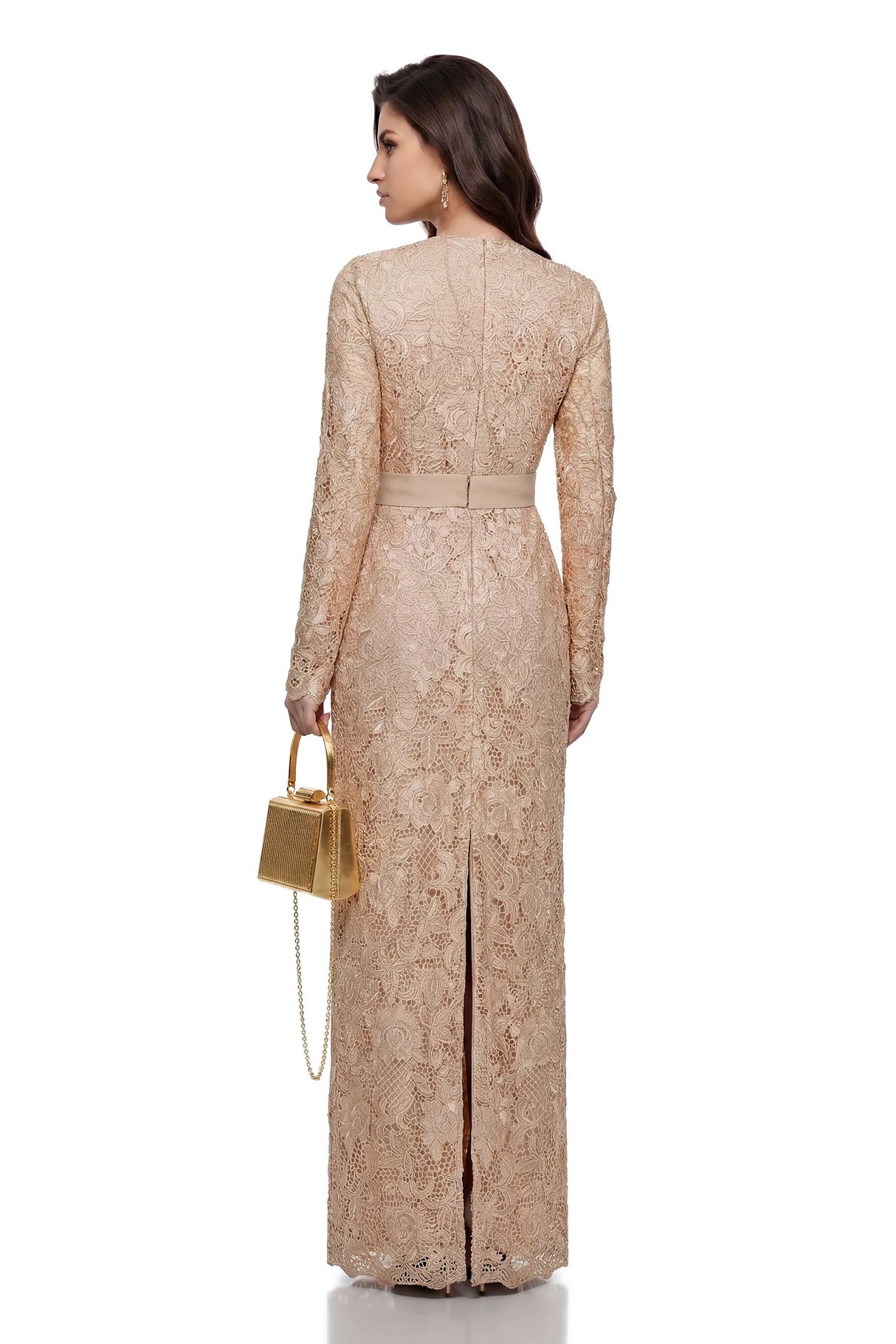 Aria Gold Belted Maxi Dress with Floral Lace Panels