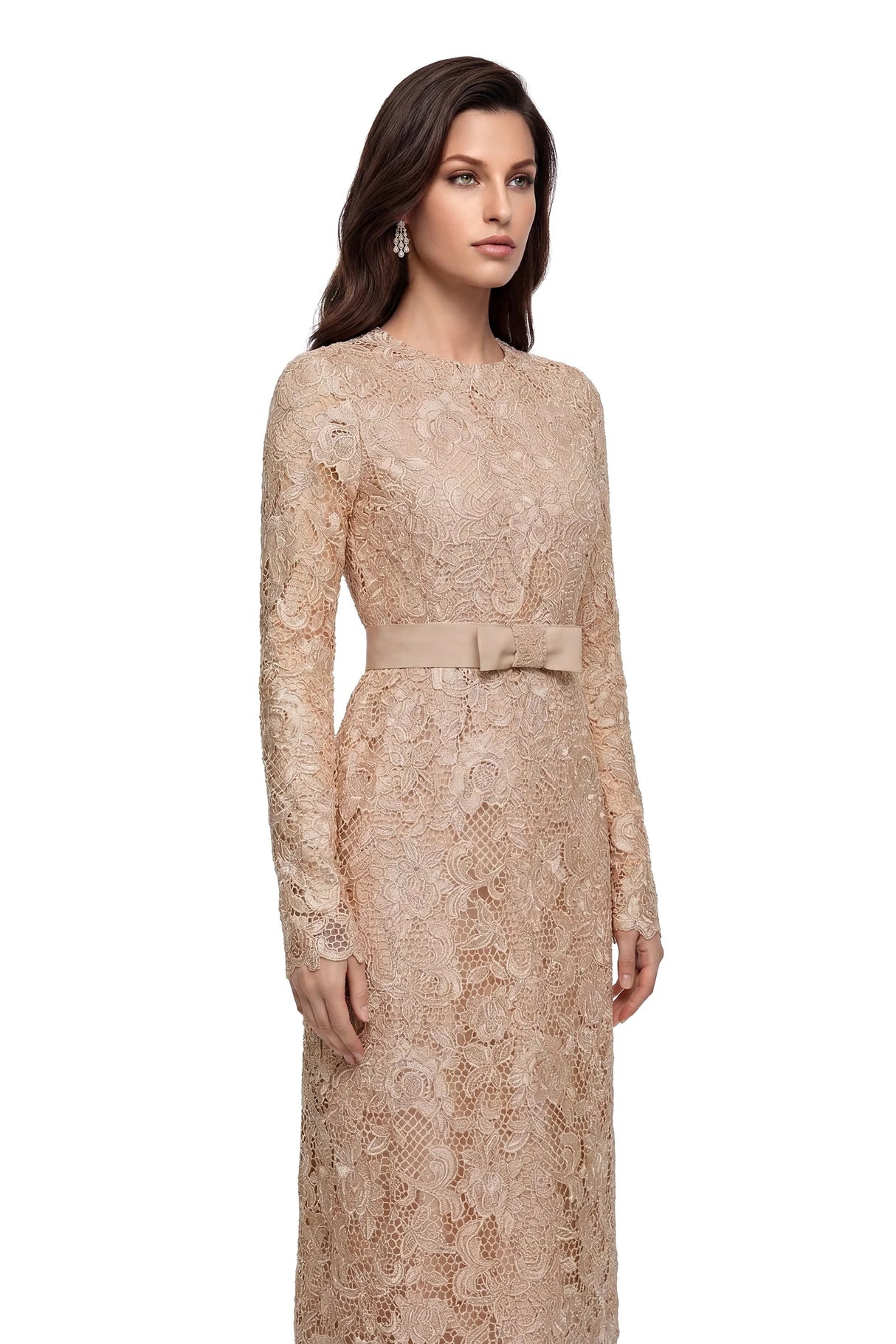 Aria Gold Belted Maxi Dress with Floral Lace Panels