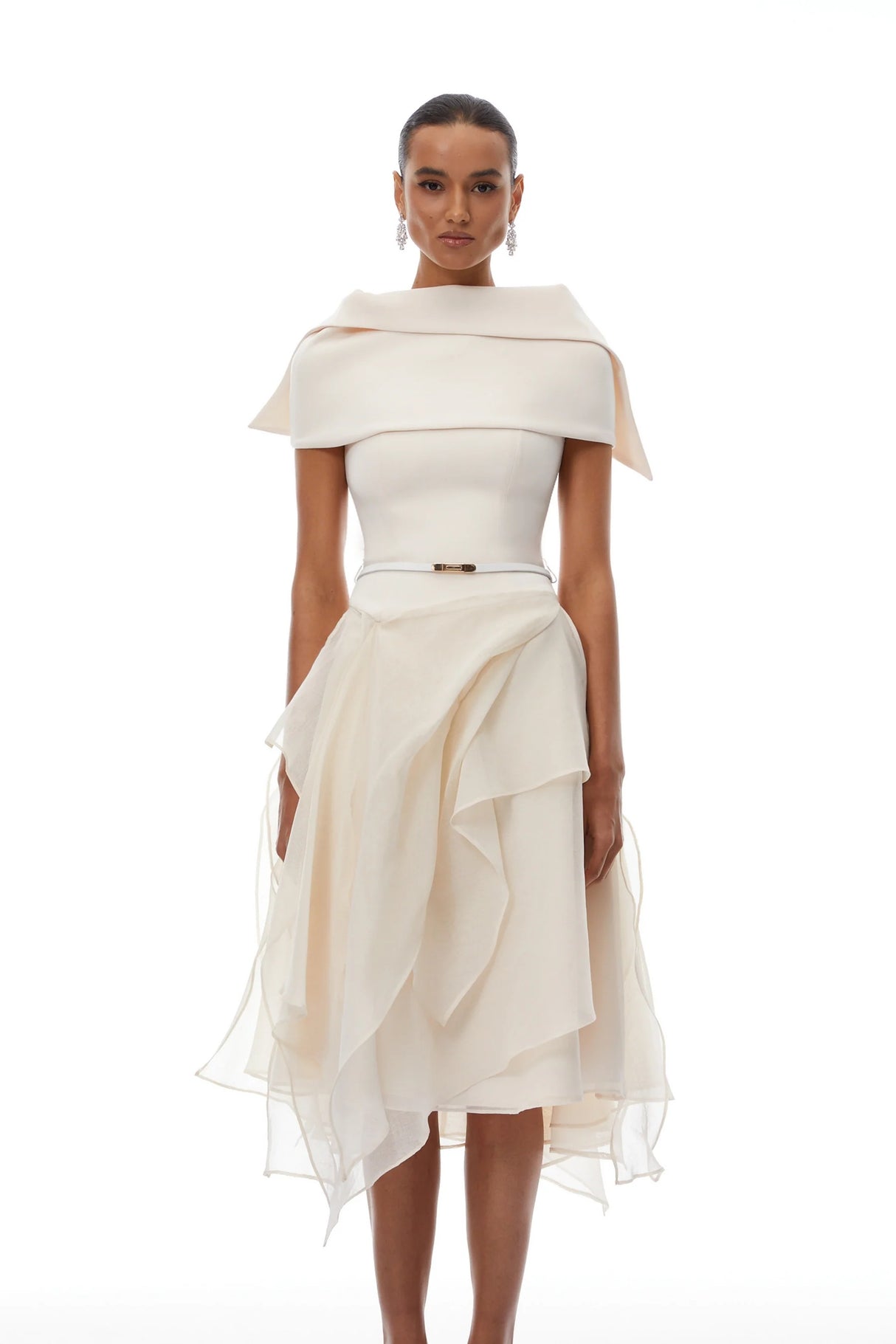 Aria White Asymmetrical Shawl Tulle Panel Dress Set