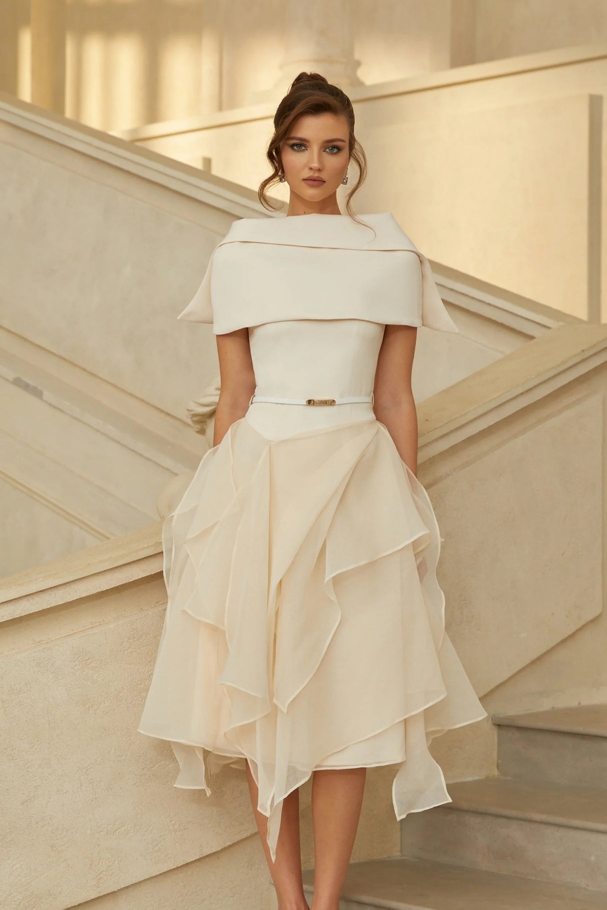 Aria White Asymmetrical Shawl Tulle Panel Dress Set