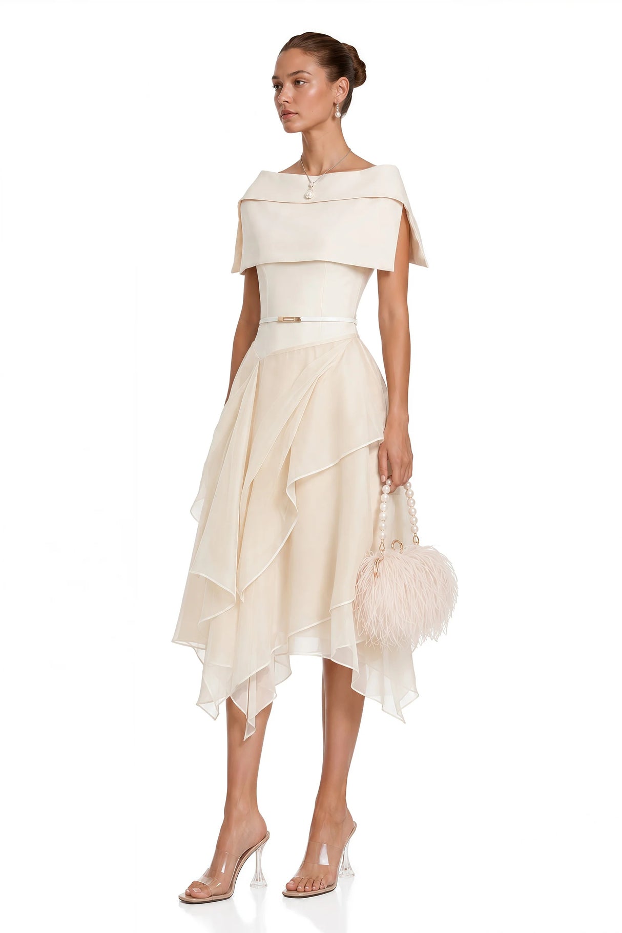 Aria White Asymmetrical Shawl Tulle Panel Dress Set