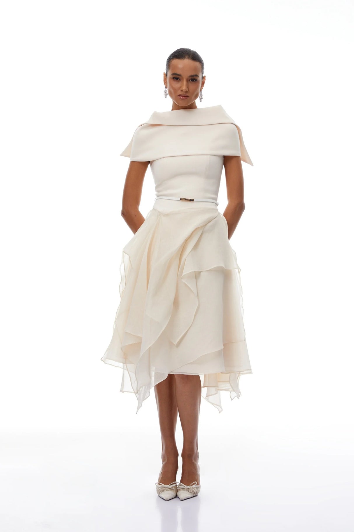 Aria White Asymmetrical Shawl Tulle Panel Dress Set
