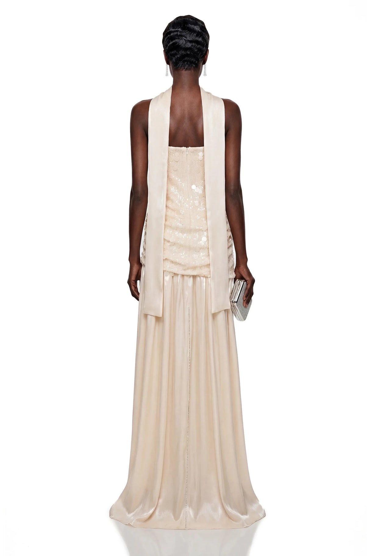 Arianell Champagne Sequin Strapless Bow Rosette Maxi Dress