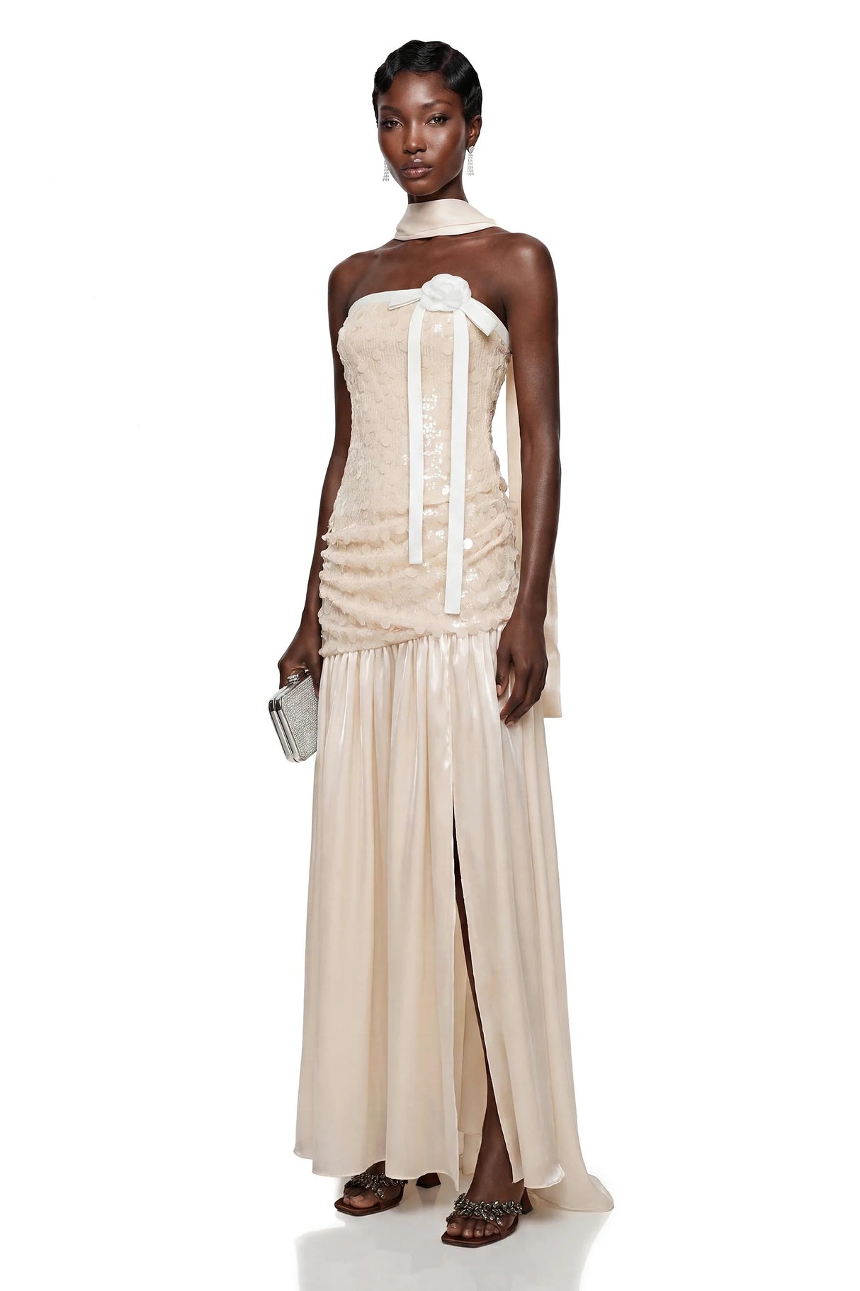Arianell Champagne Sequin Strapless Bow Rosette Maxi Dress