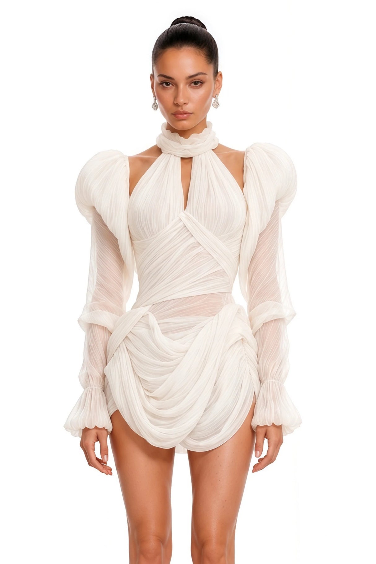 Arielle White Halterneck Ruched Mini Dress