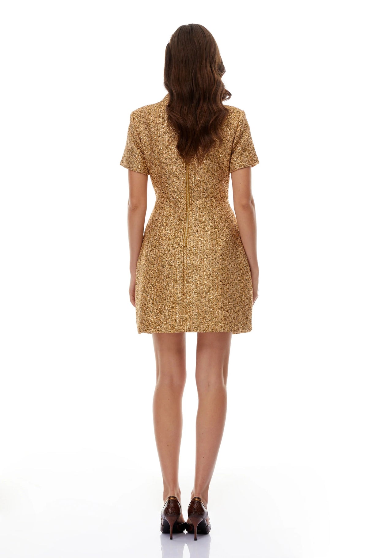Arna Gold Round Neck Tweed Mini Dress