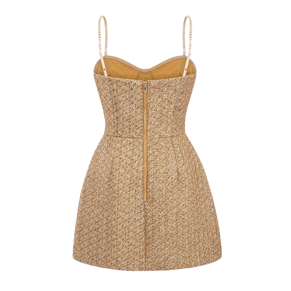 Arna Gold Sweetheart Neckline Tweed Mini Dress