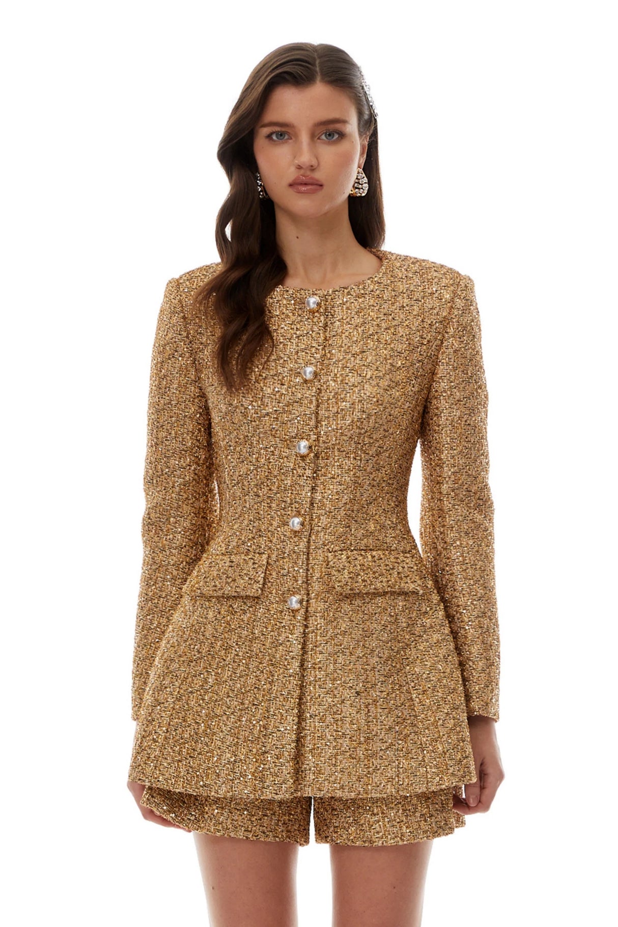 Arna Gold Tweed Mini Blazer Dress Shorts Set