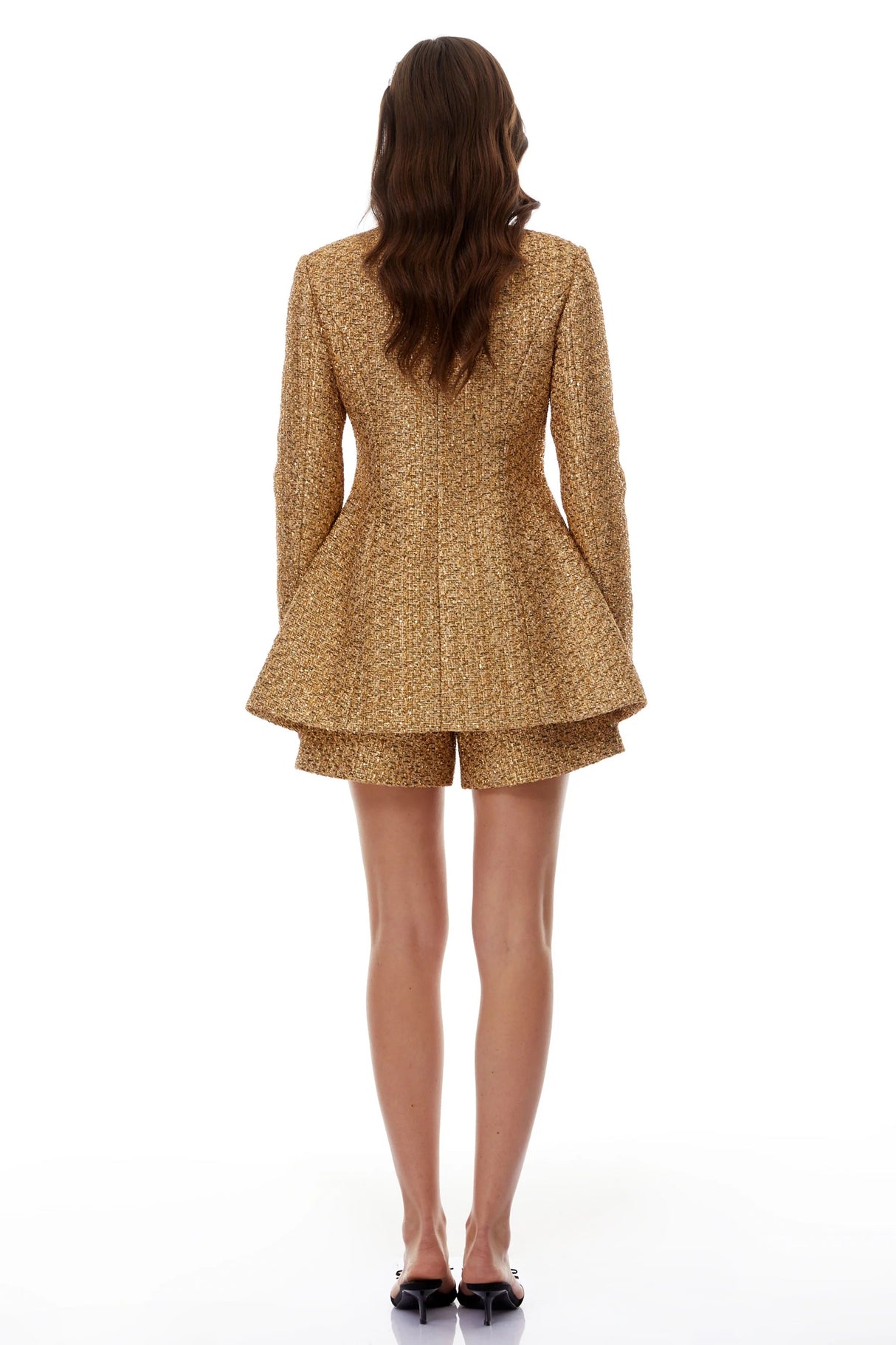 Arna Gold Tweed Mini Blazer Dress Shorts Set