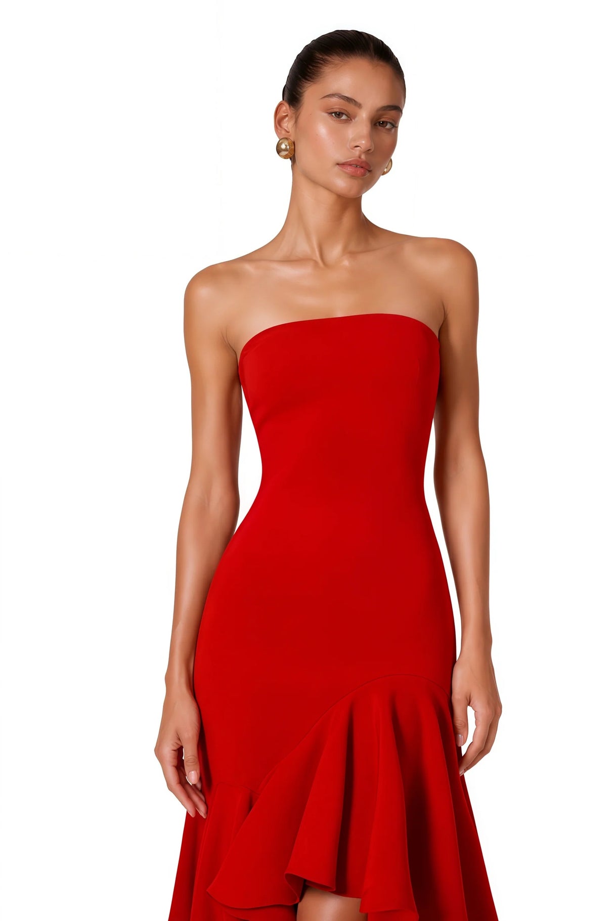 Asteria Red Strapless Maxi Dress with Ruffled Hem