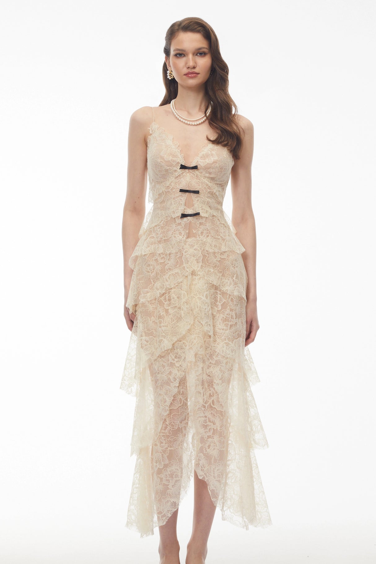 Atousa Cream Layered Floral Lace Maxi Dress with Bow