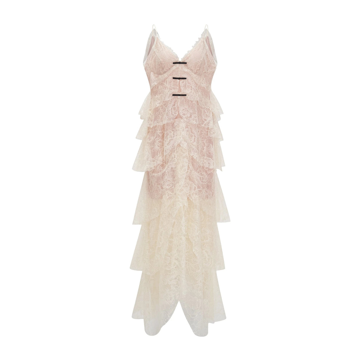 Atousa Cream Layered Floral Lace Maxi Dress with Bow