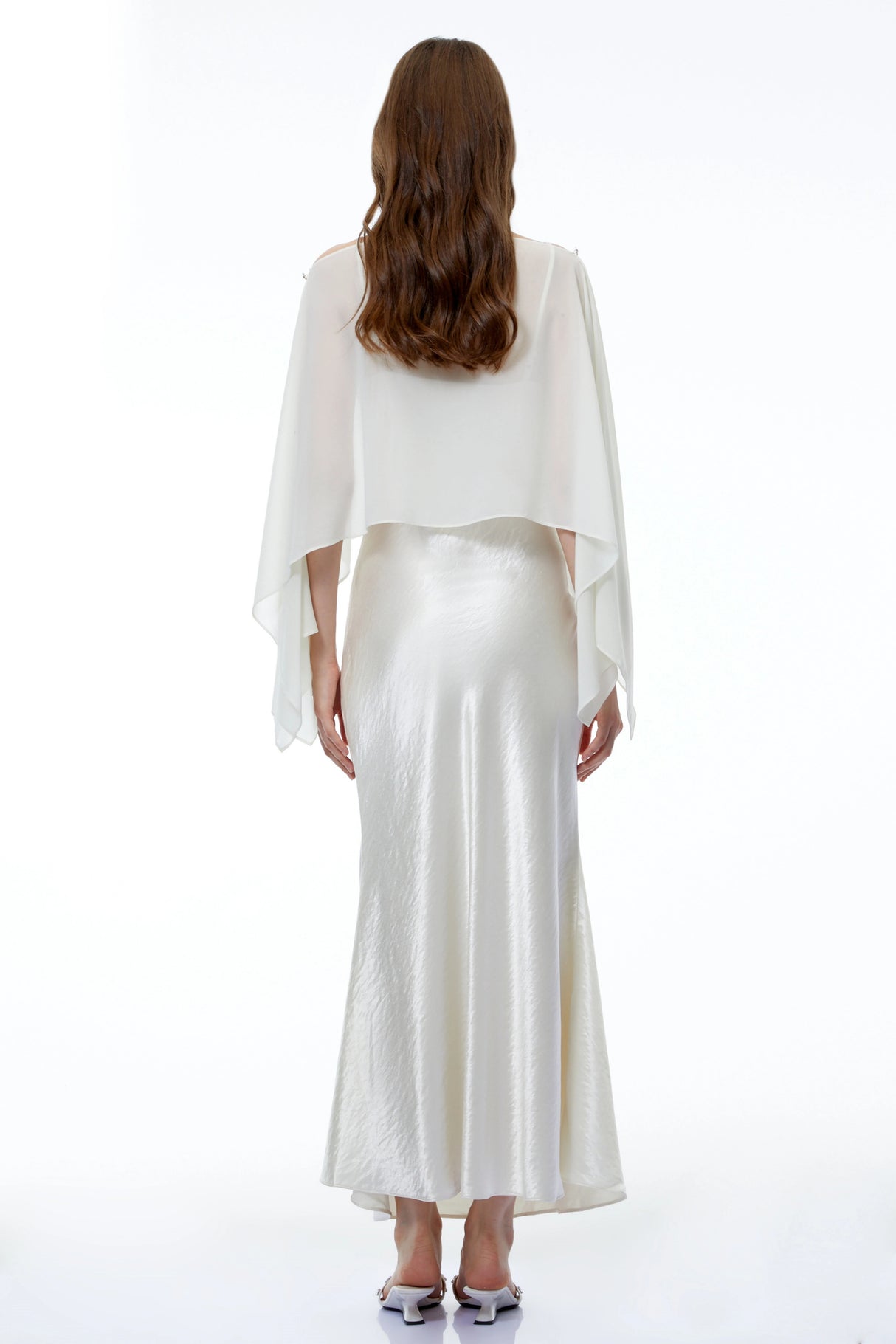 Aurelia White Satin Maxi Dress with Chiffon Overlay
