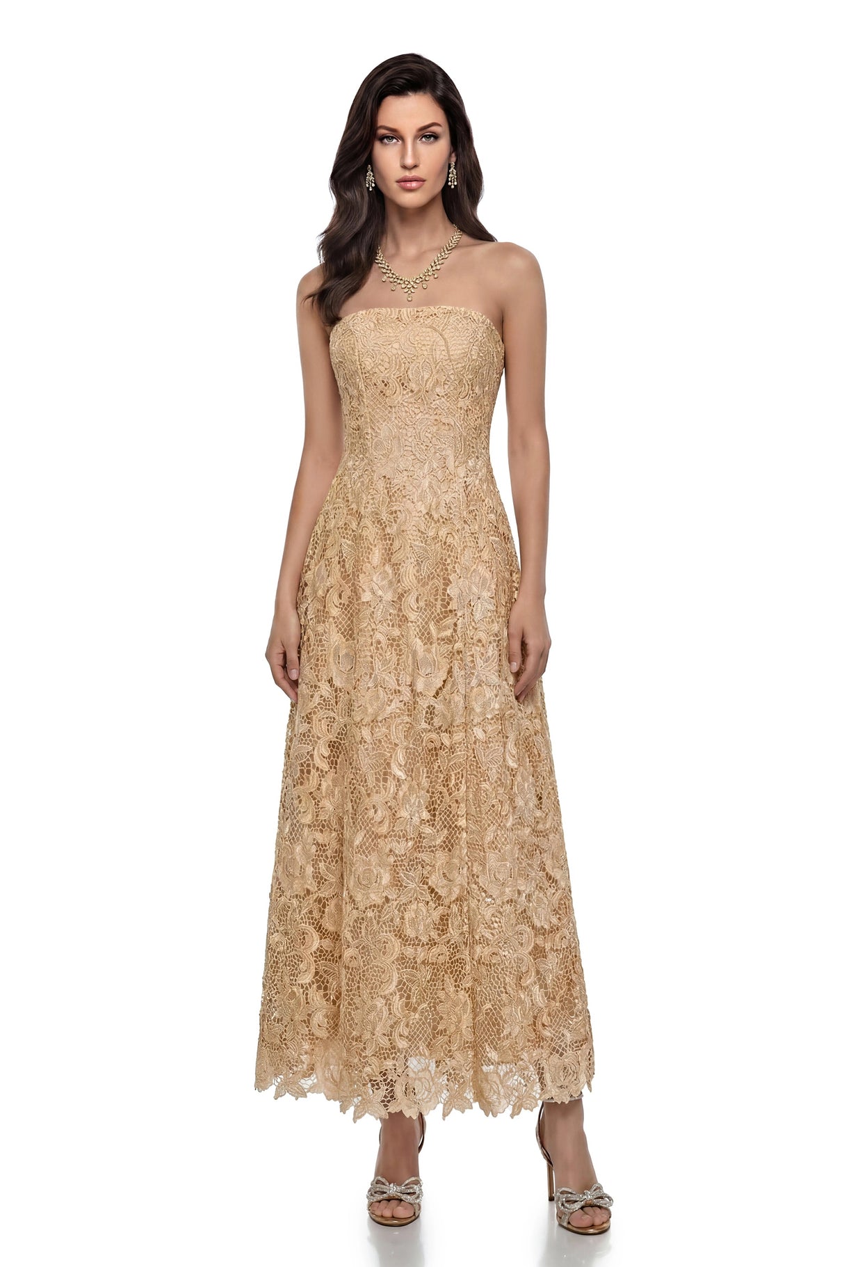 Aurora Gold Off Shoulder Floral Lace Maxi Dress