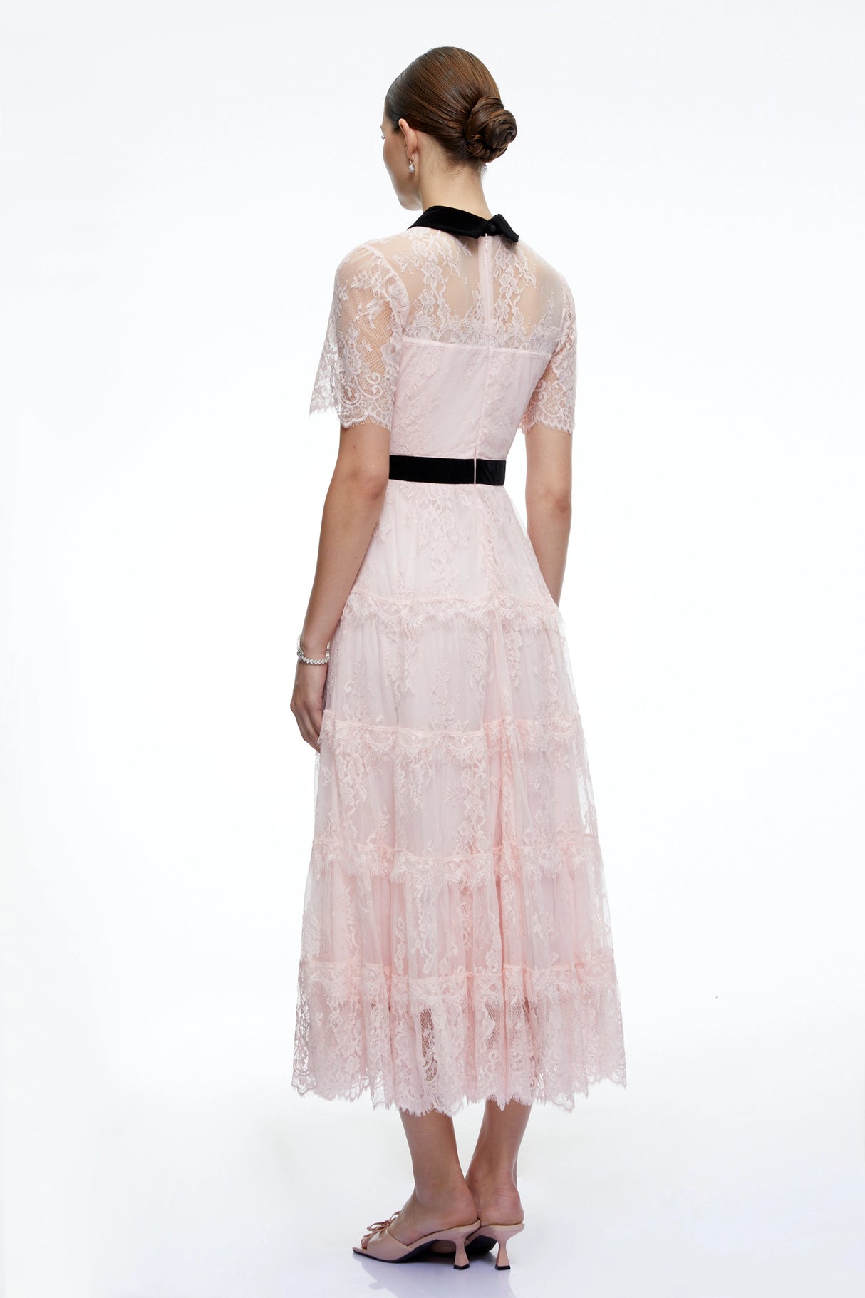 Aveline Pink Floral Lace Tiered Midi Dress