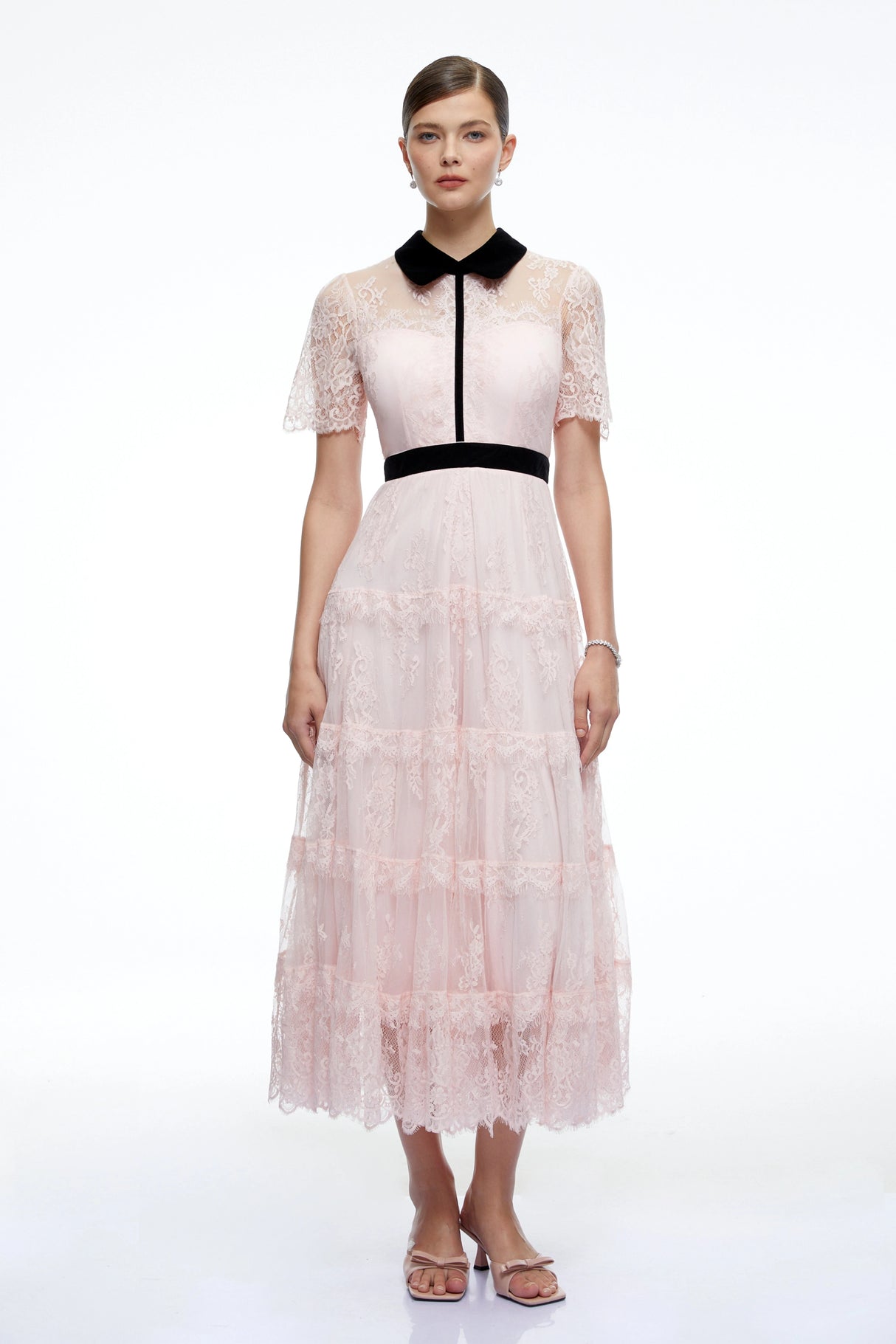 Aveline Pink Floral Lace Tiered Midi Dress