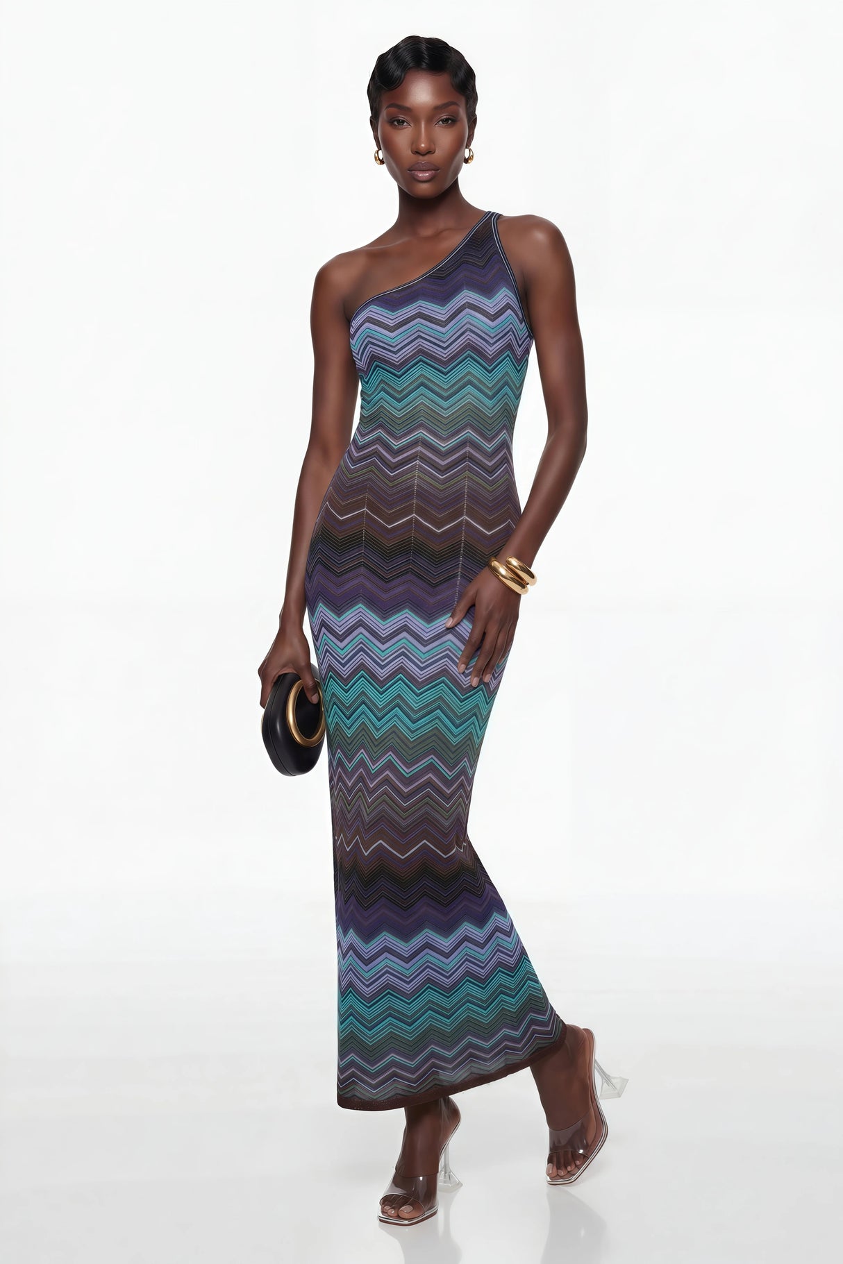 Avery Blue Knit Maxi Dress with Wave Pattern