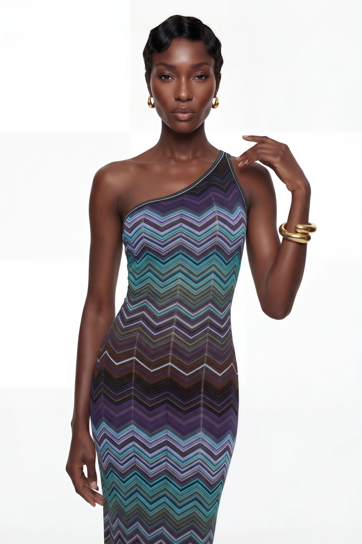 Avery Blue Knit Maxi Dress with Wave Pattern