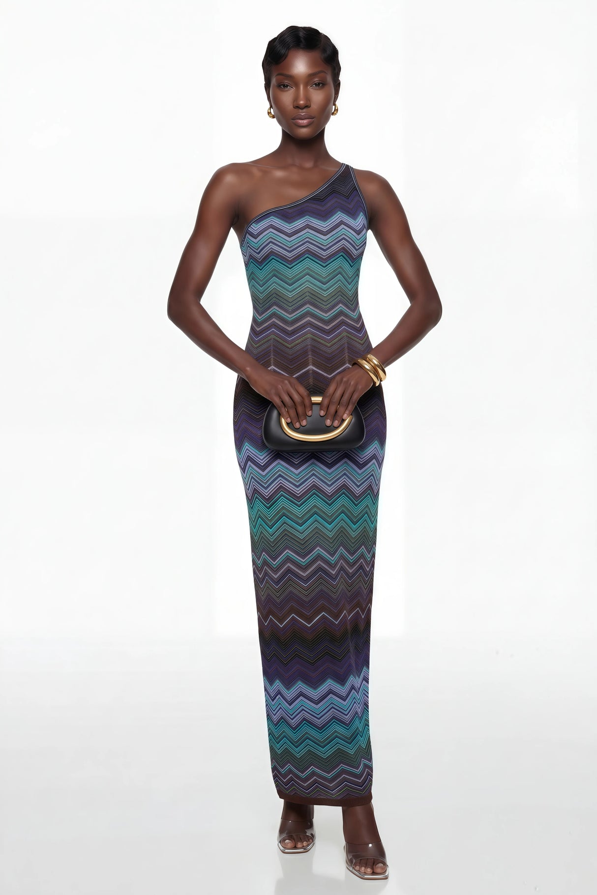 Avery Blue Knit Maxi Dress with Wave Pattern