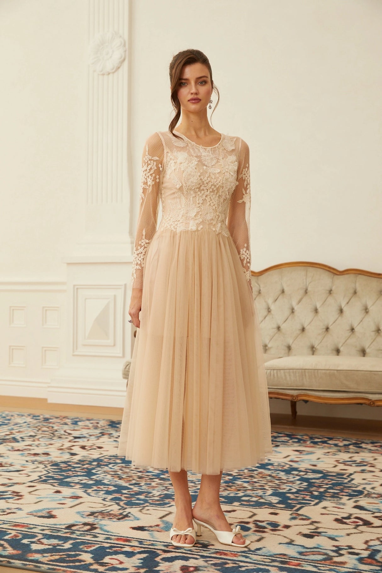 Aviana Neutral Lace Panel Tulle Midi Dress