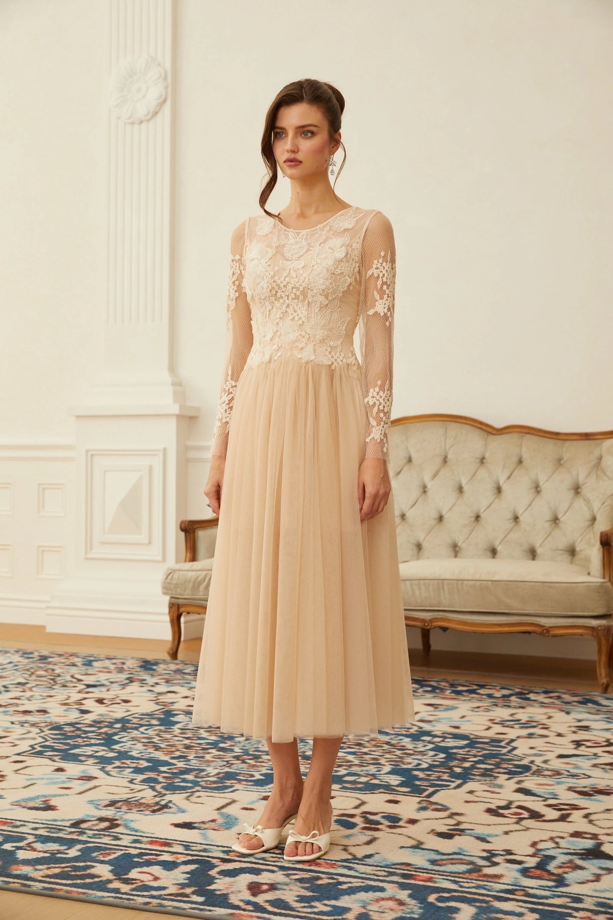Aviana Neutral Lace Panel Tulle Midi Dress