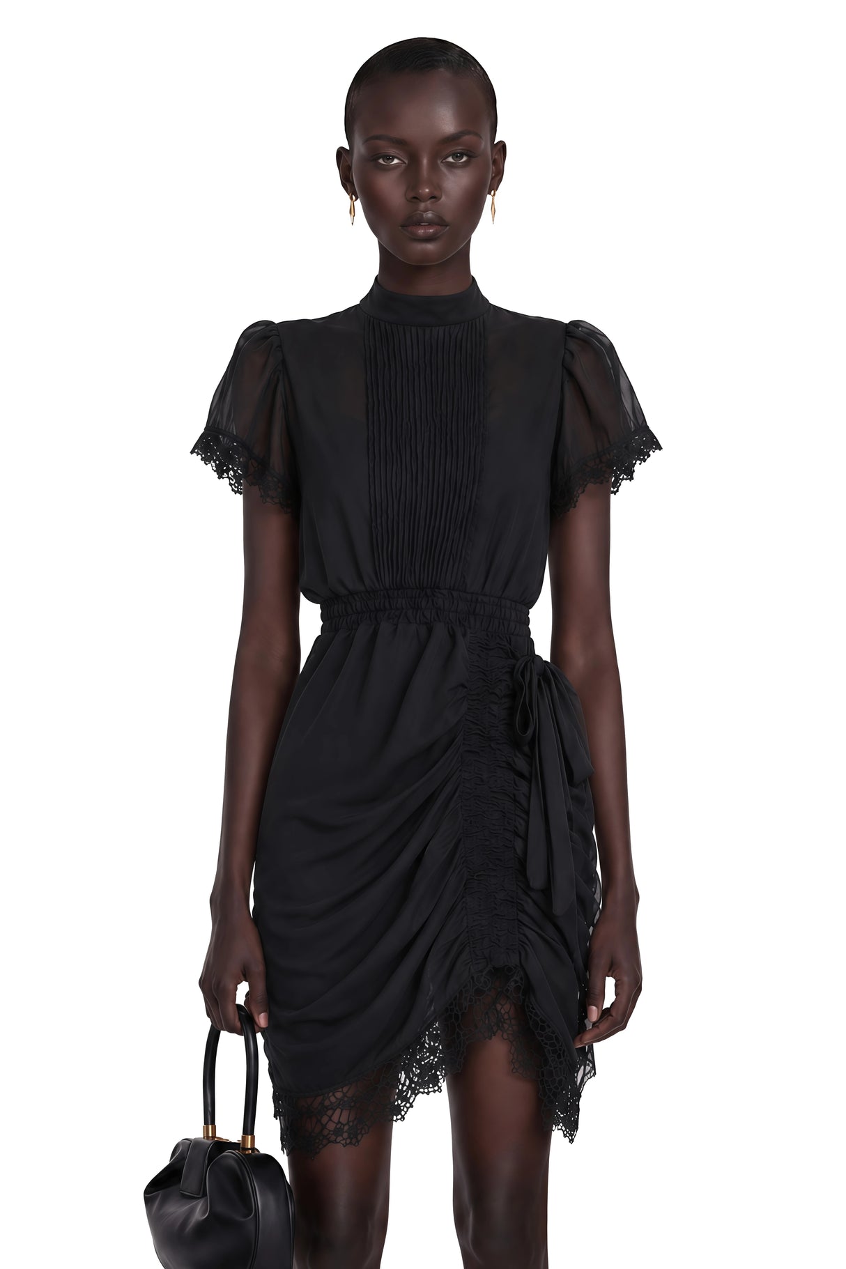 Avis Black Ruched Mini Dress with Lace Trim