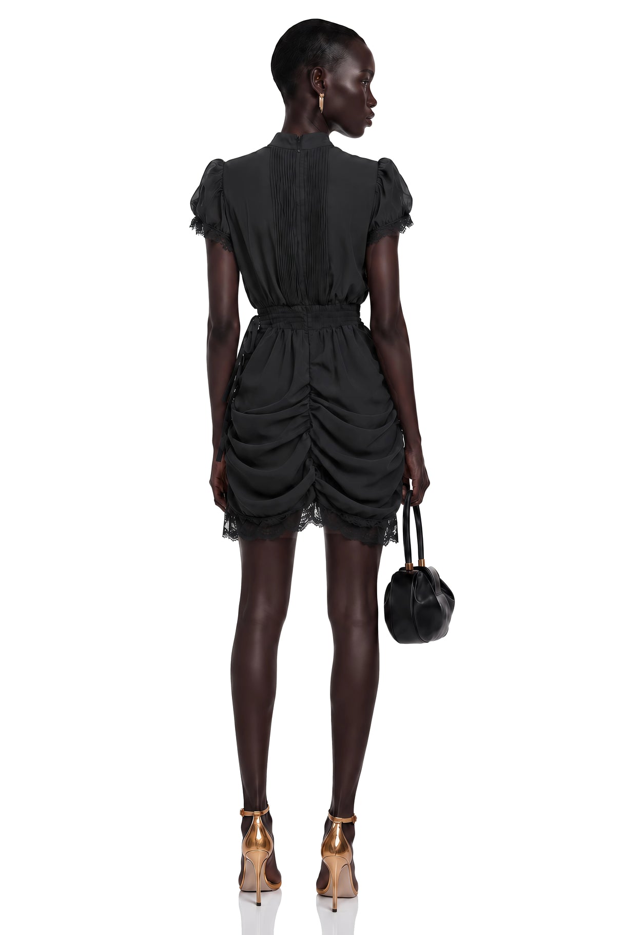 Avis Black Ruched Mini Dress with Lace Trim