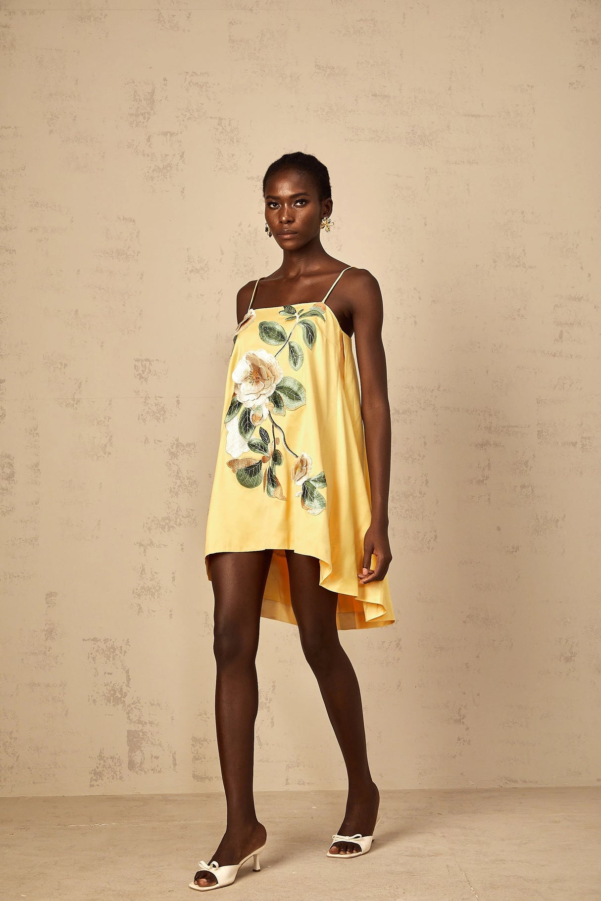 Avril Yellow Floral Embroidered Mini Dress