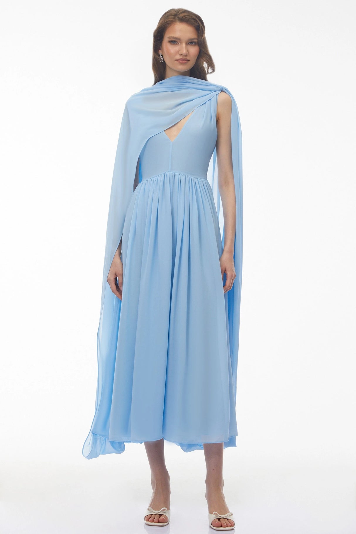 Beatrice Blue Ruched Midi Dress with Oversized Cape