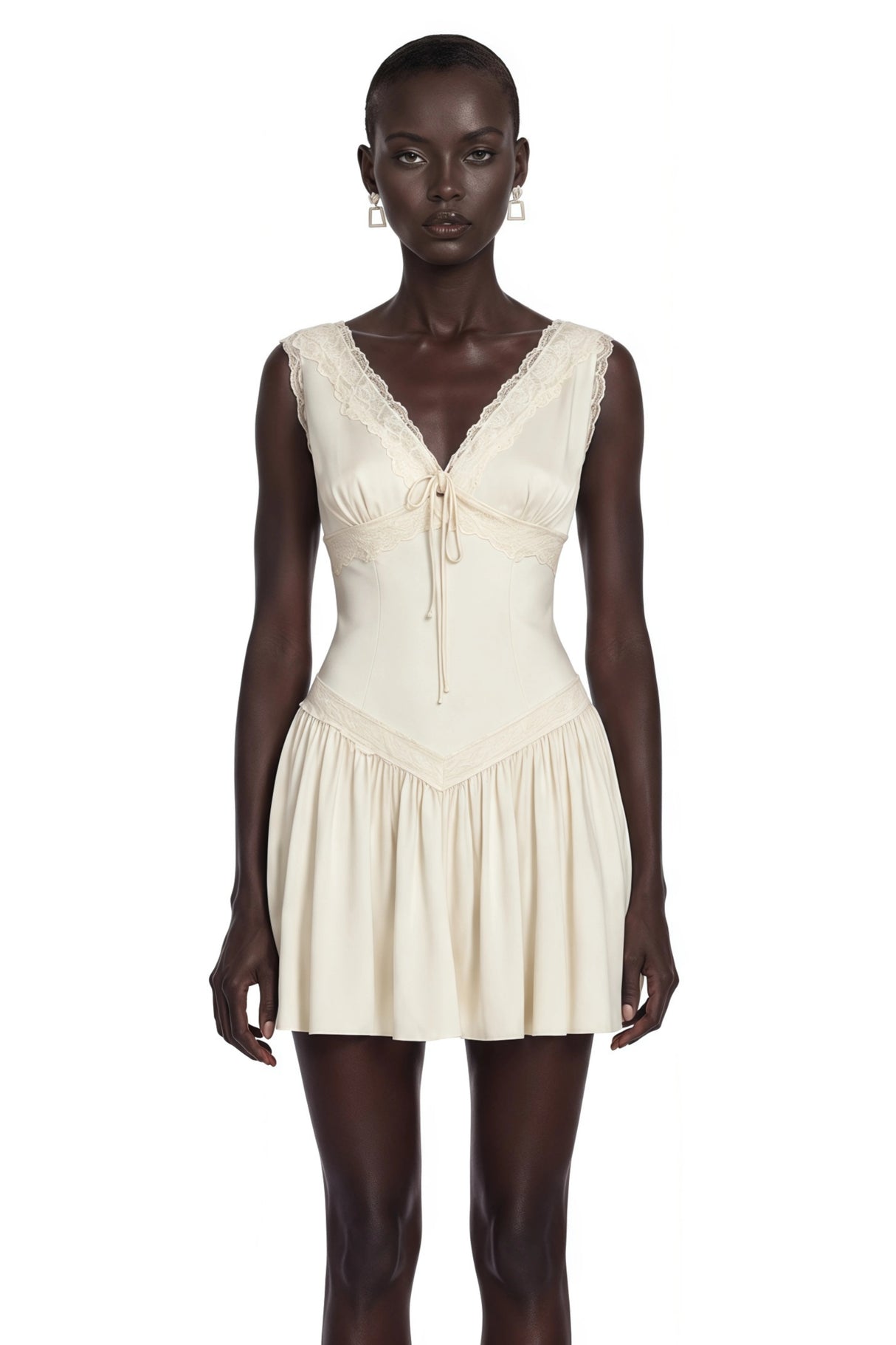Belinda Ivory VNeck Mini Dress with Lace Trim
