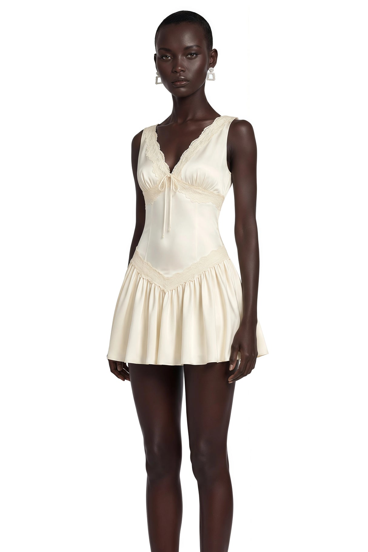 Belinda Ivory VNeck Mini Dress with Lace Trim
