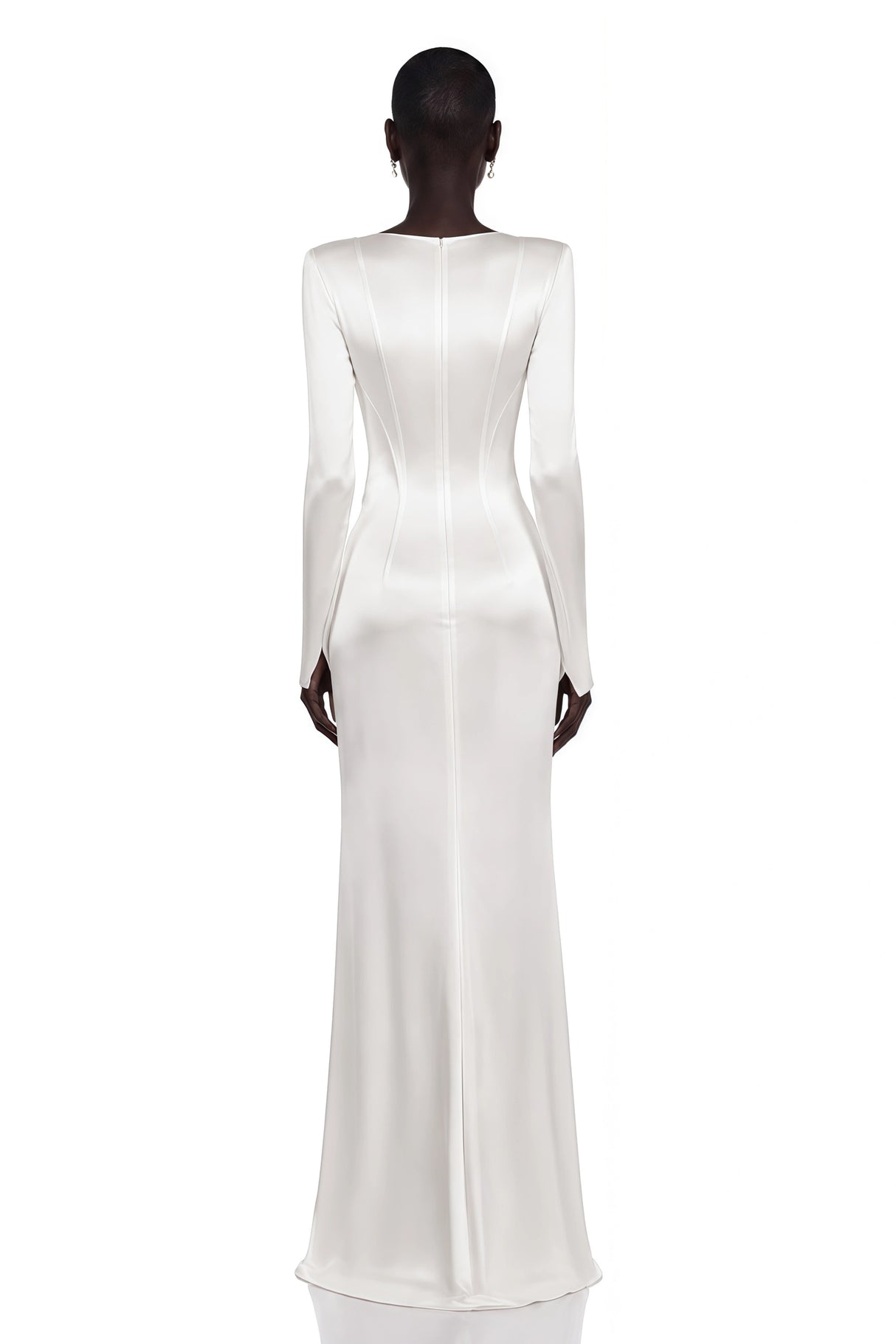 Belisent White Satin Long Sleeve Ruched Maxi Dress