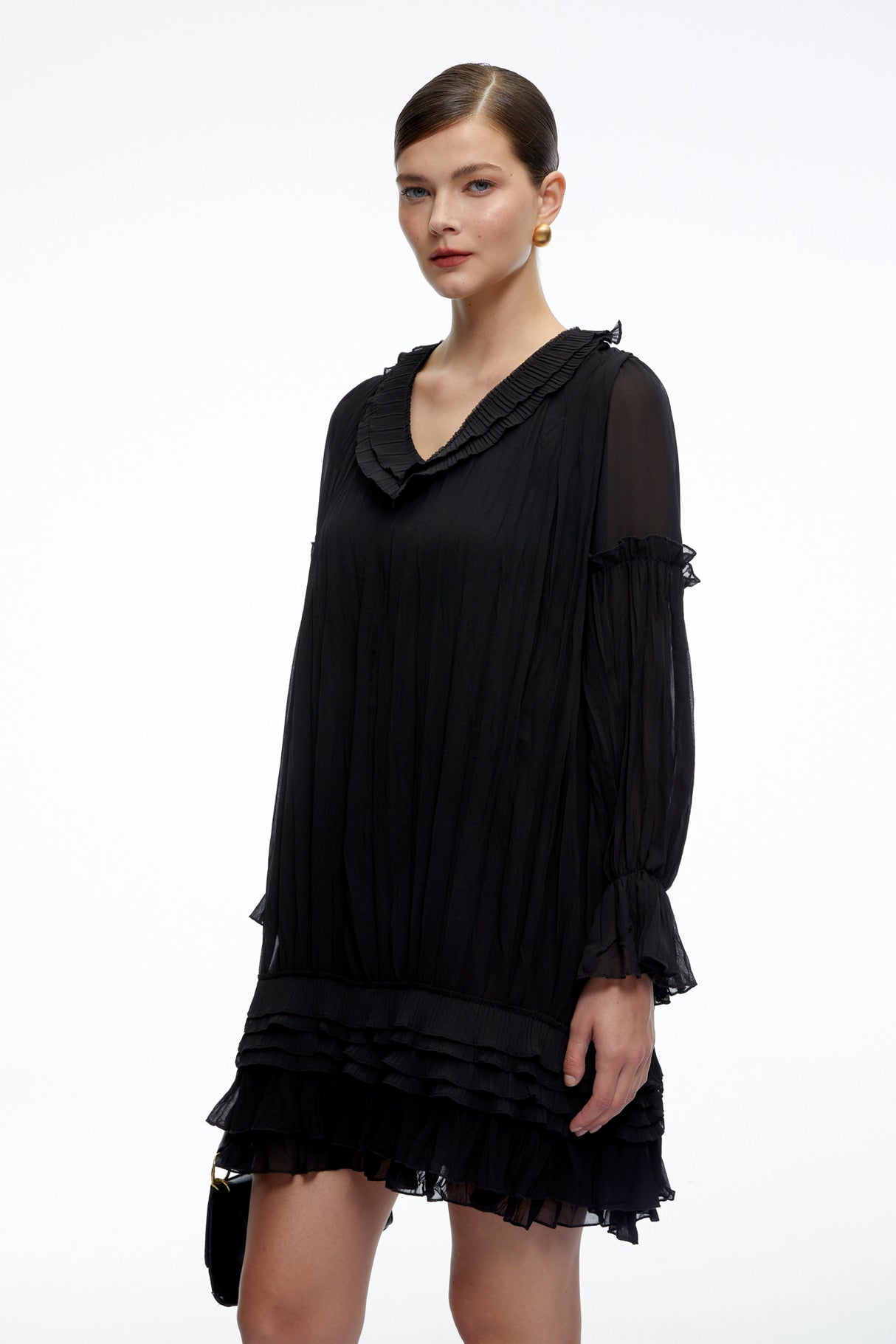 Belladonna Black VNeck Tiered Mini Dress with Puff Sleeves
