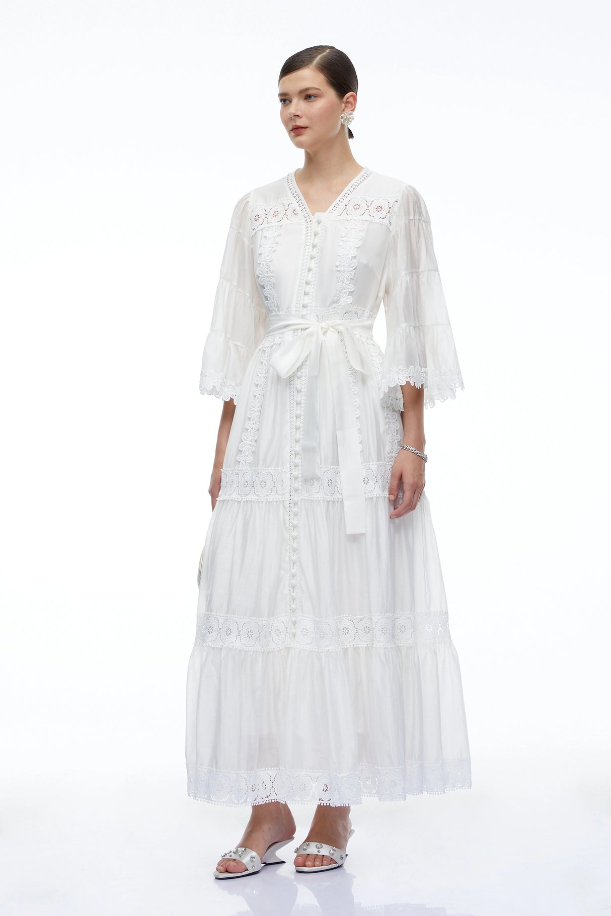 Berengaria White Lace Bell Sleeves Maxi Dress