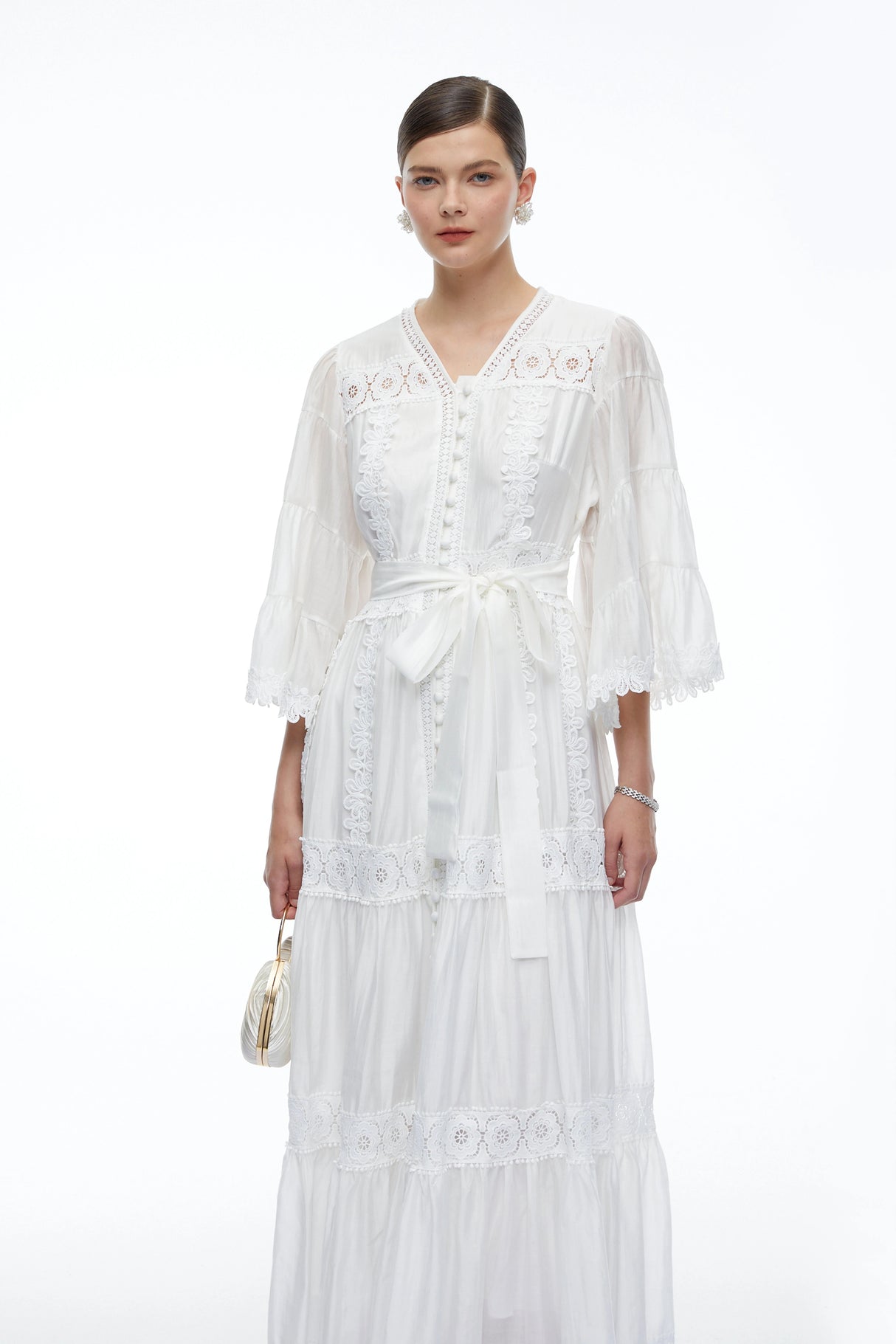 Berengaria White Lace Bell Sleeves Maxi Dress